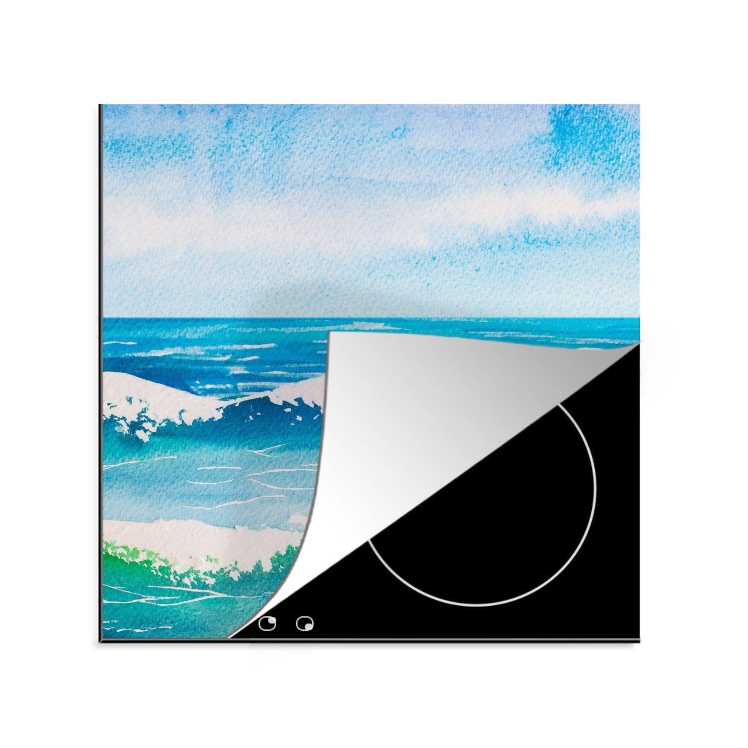 MuchoWow Herdblende-/Abdeckplatte Golf - Meer - Aquarell, Vinyl, (1 tlg), 78x78 cm, Ceranfeldabdeckung, Arbeitsplatte für küche
