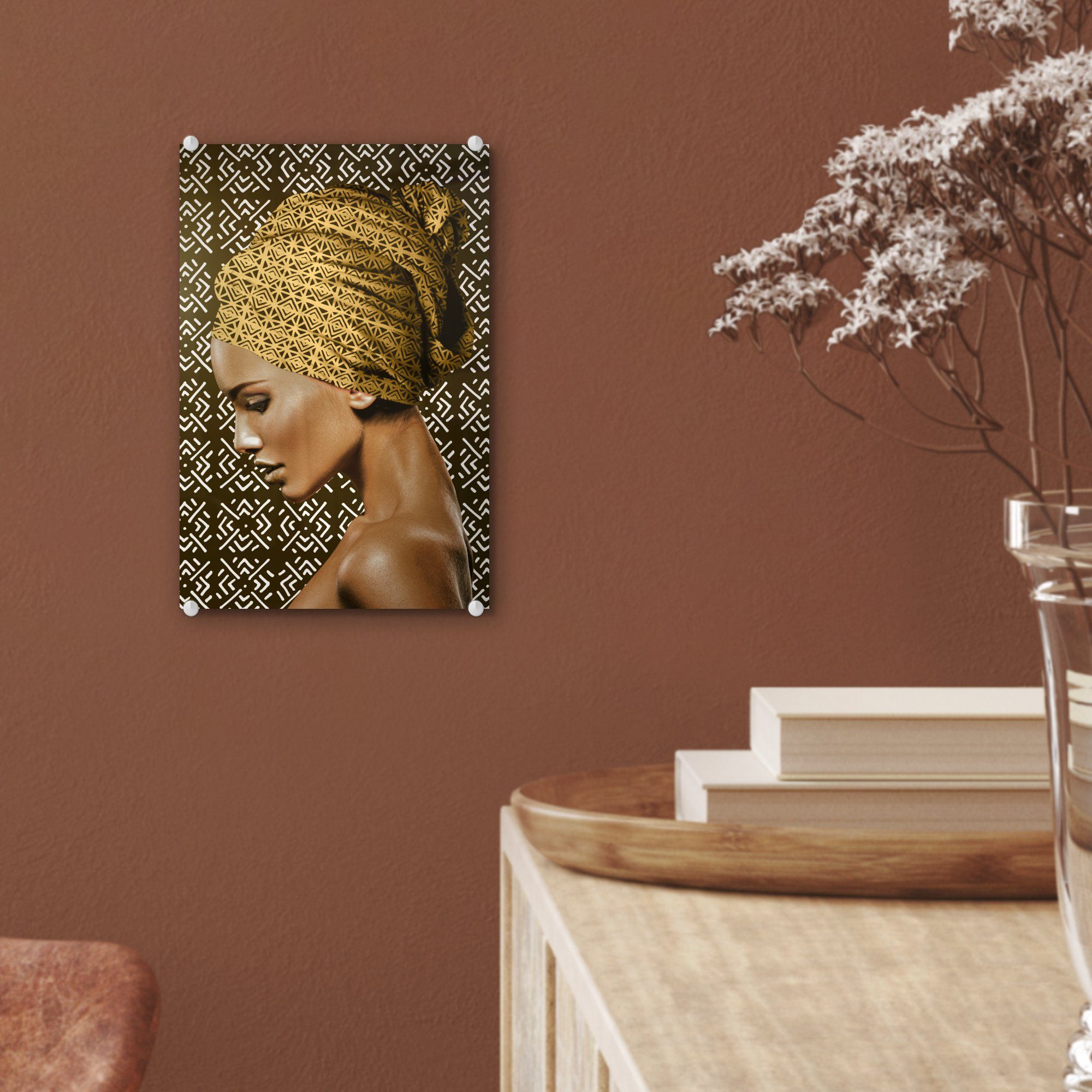 Wandbild Foto Bilder Wanddekoration - Kopftuch Glas St), - - Acrylglasbild - Frau (1 - Schnittmuster, auf Glasbilder Glas MuchoWow auf