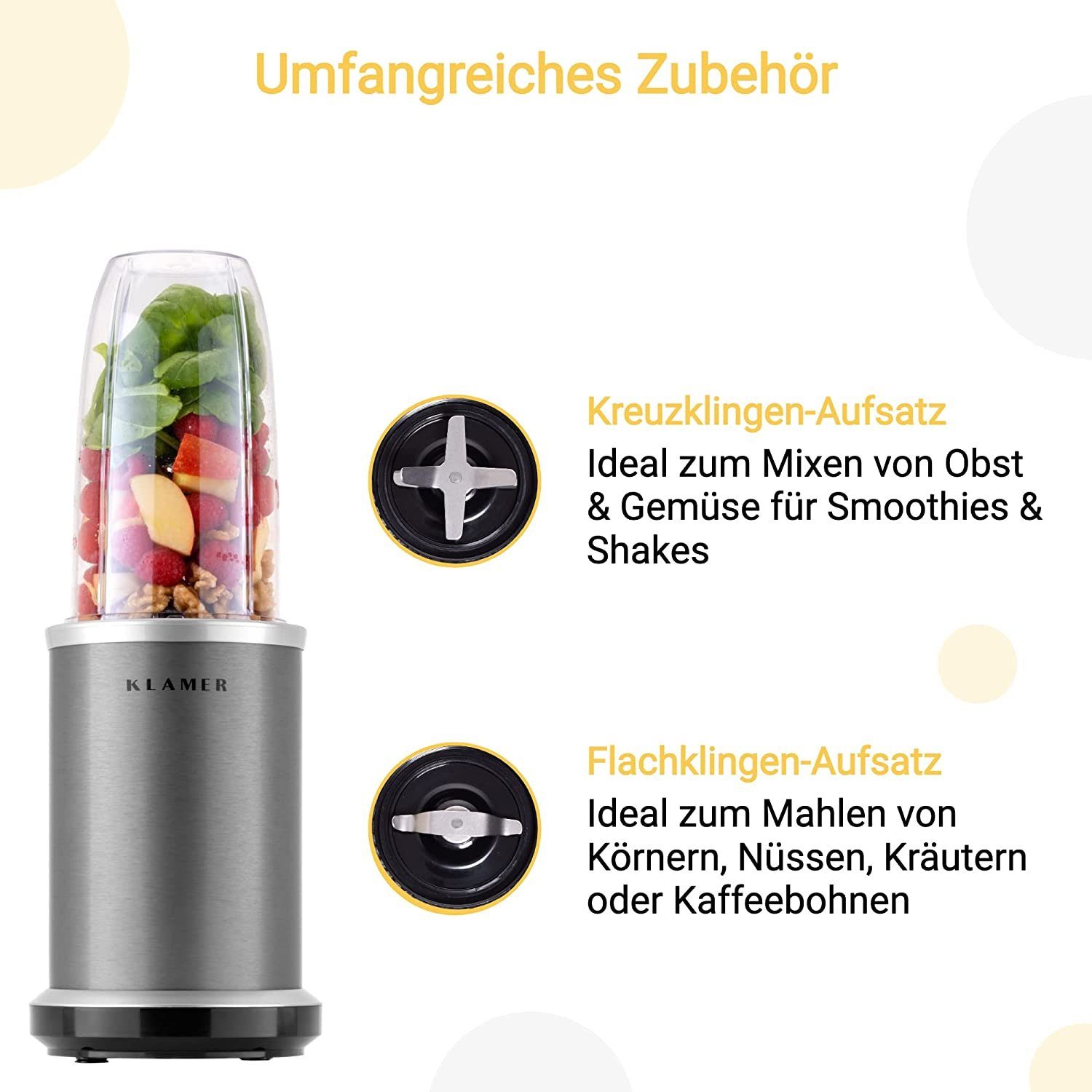 KLAMER Smoothie-Maker Bullet Mixer 1000 Watt, elektrischer Shake Mixer mit 2 Mixbehältern, …, 1000 W, Schnellmixer, knopflos, Auslaufschutz, 2 Klingen, sicherer Stand