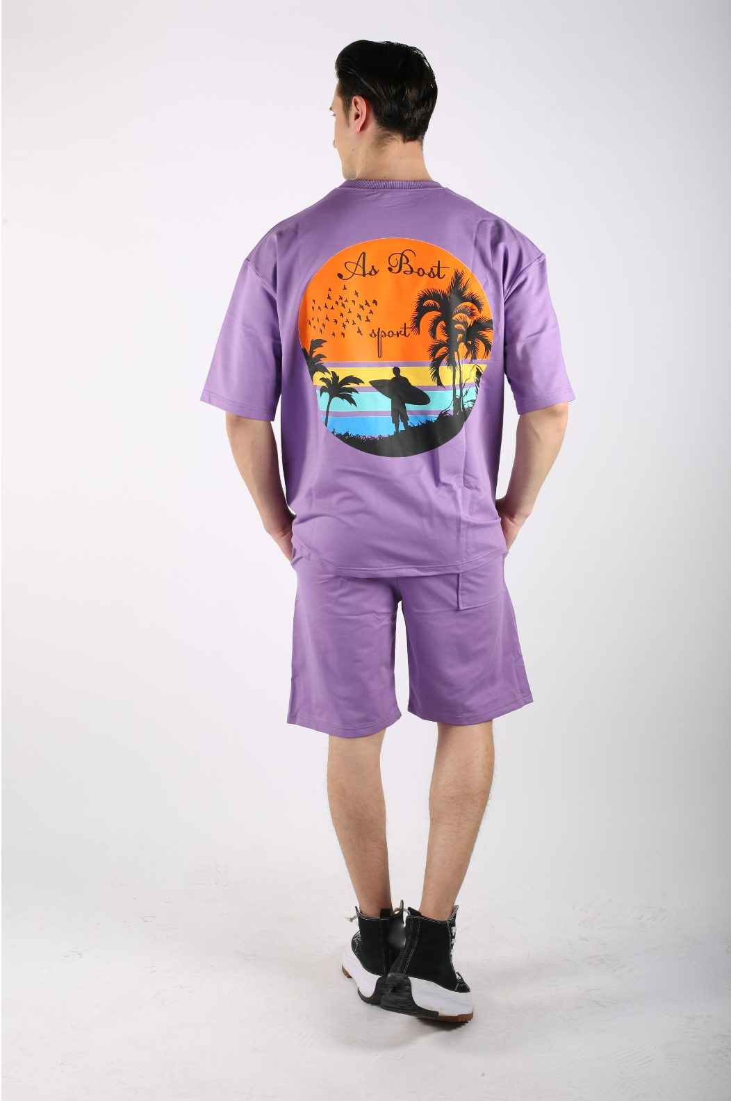 & Short) + T-Shirt T-Shirt Shorts & T-Shirt Lila (Set, ALGINOO Shorts