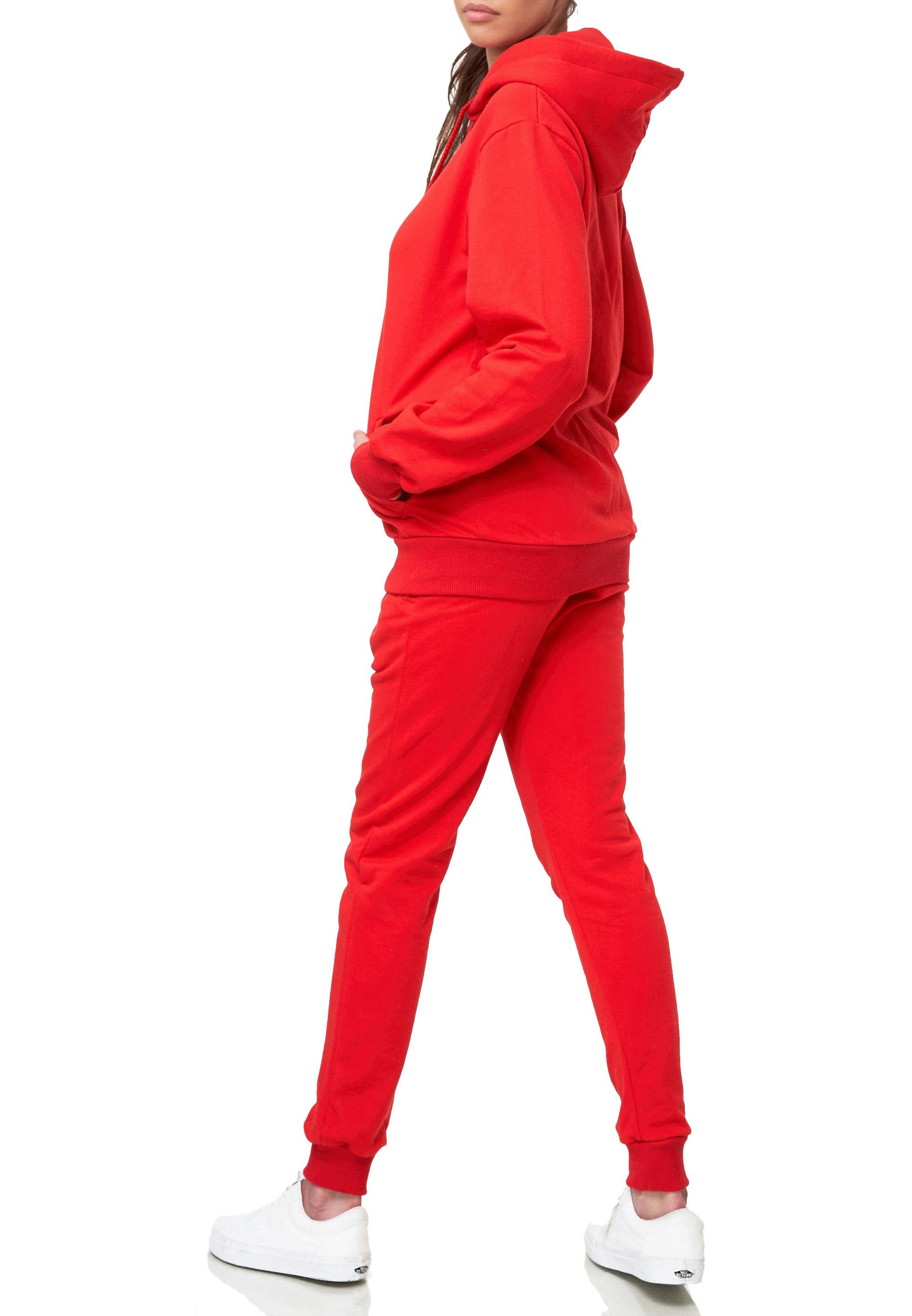 L.gonline Freizeitanzug Damen Jogginganzug einfarbig 100% Baumwolle 586 Rot XXL (Kapuzenjacke mit Reißverschluss, Hose, 2-tlg), Fitness Freizeit Casual – Bild 4 von 5