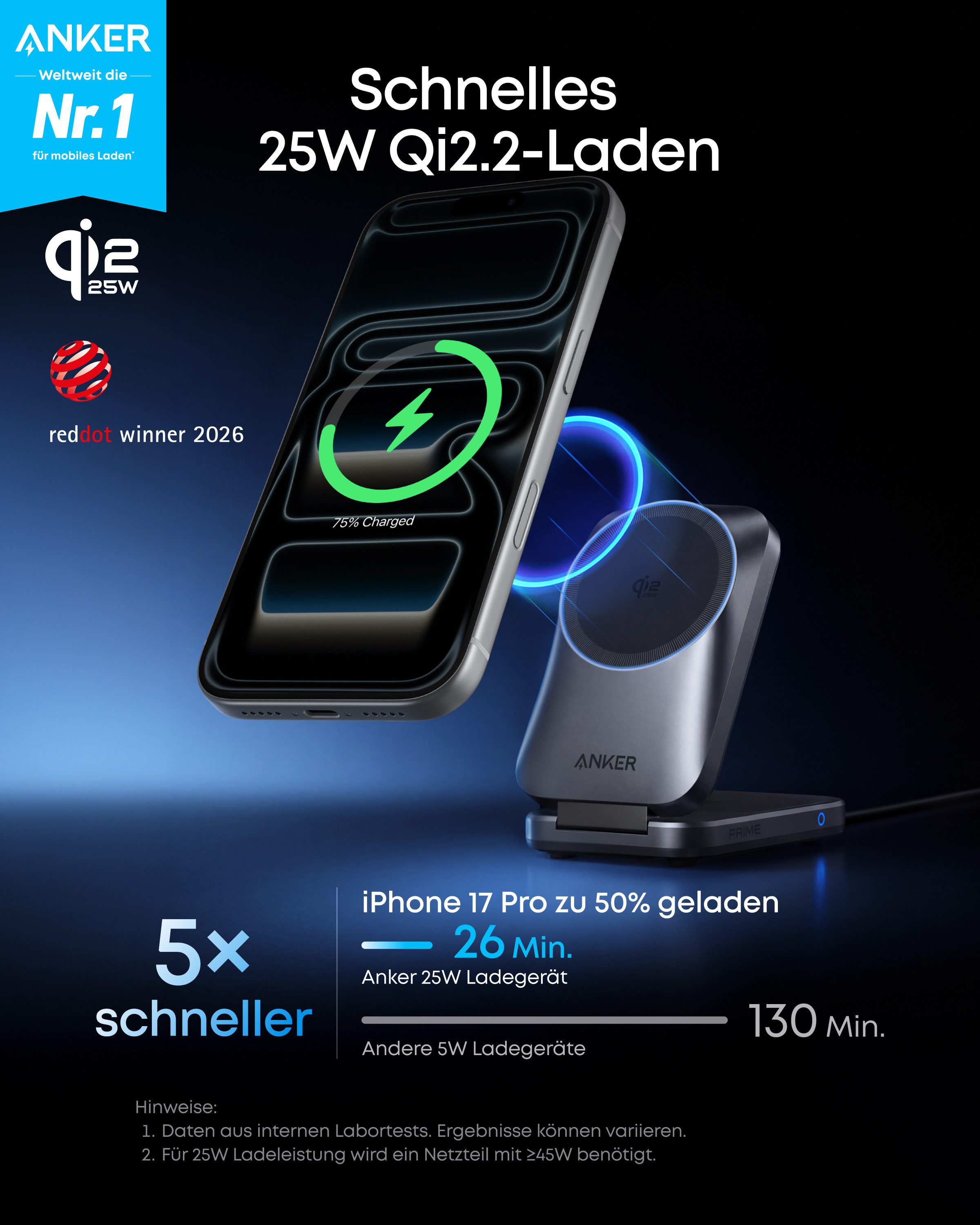 Anker Anker Prime 3-in-1 Ladestation,Qi2.2 25W, AirCool kabelloses Ladegerät Induktions-Ladegerät (MagSafe-kompatibel für iPhone, Apple Watch & AirPods (ohne Akku)