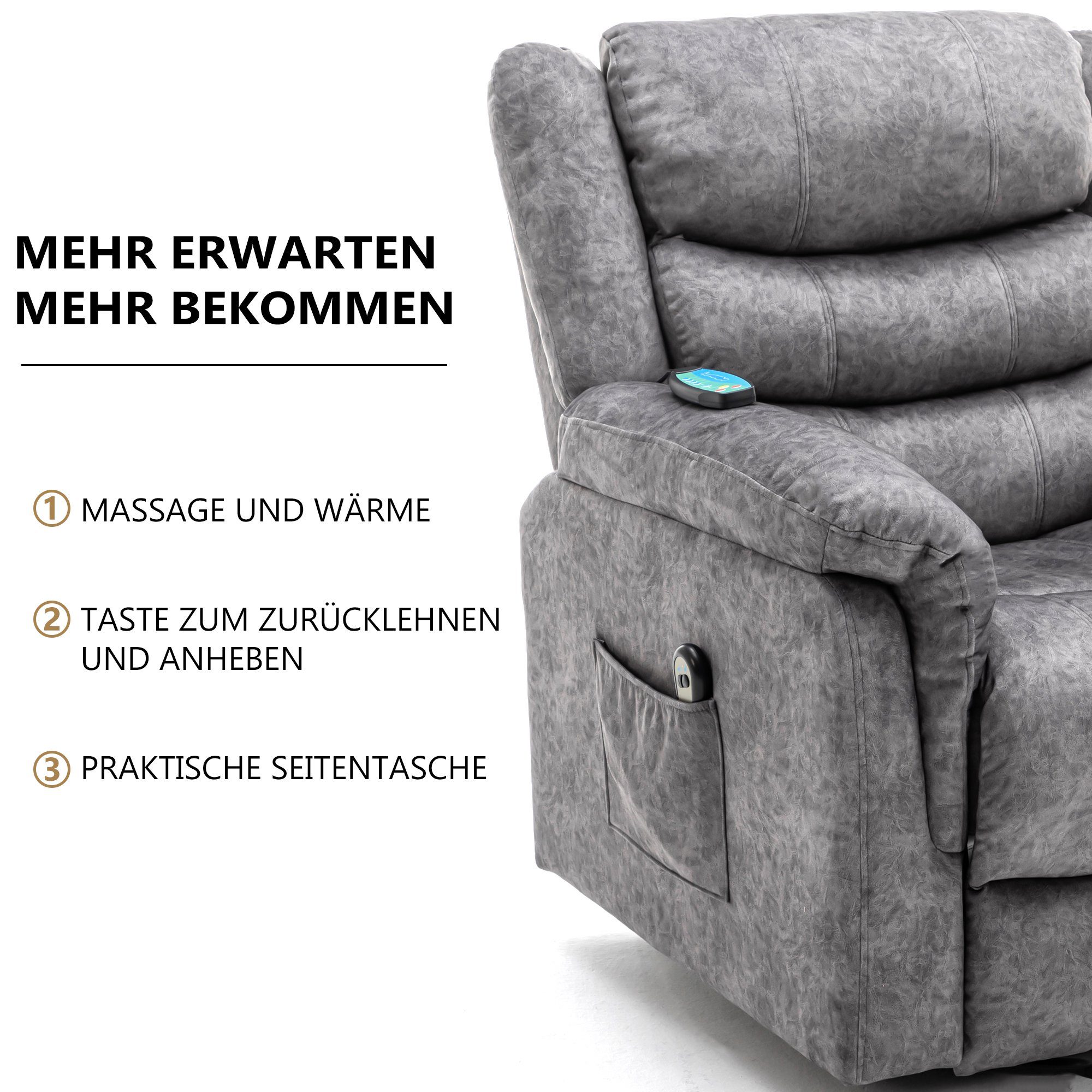 Ulife TV-Sessel Relaxsessel Massagesesel Aufstehhilfe, elektrisch Grau Wärme