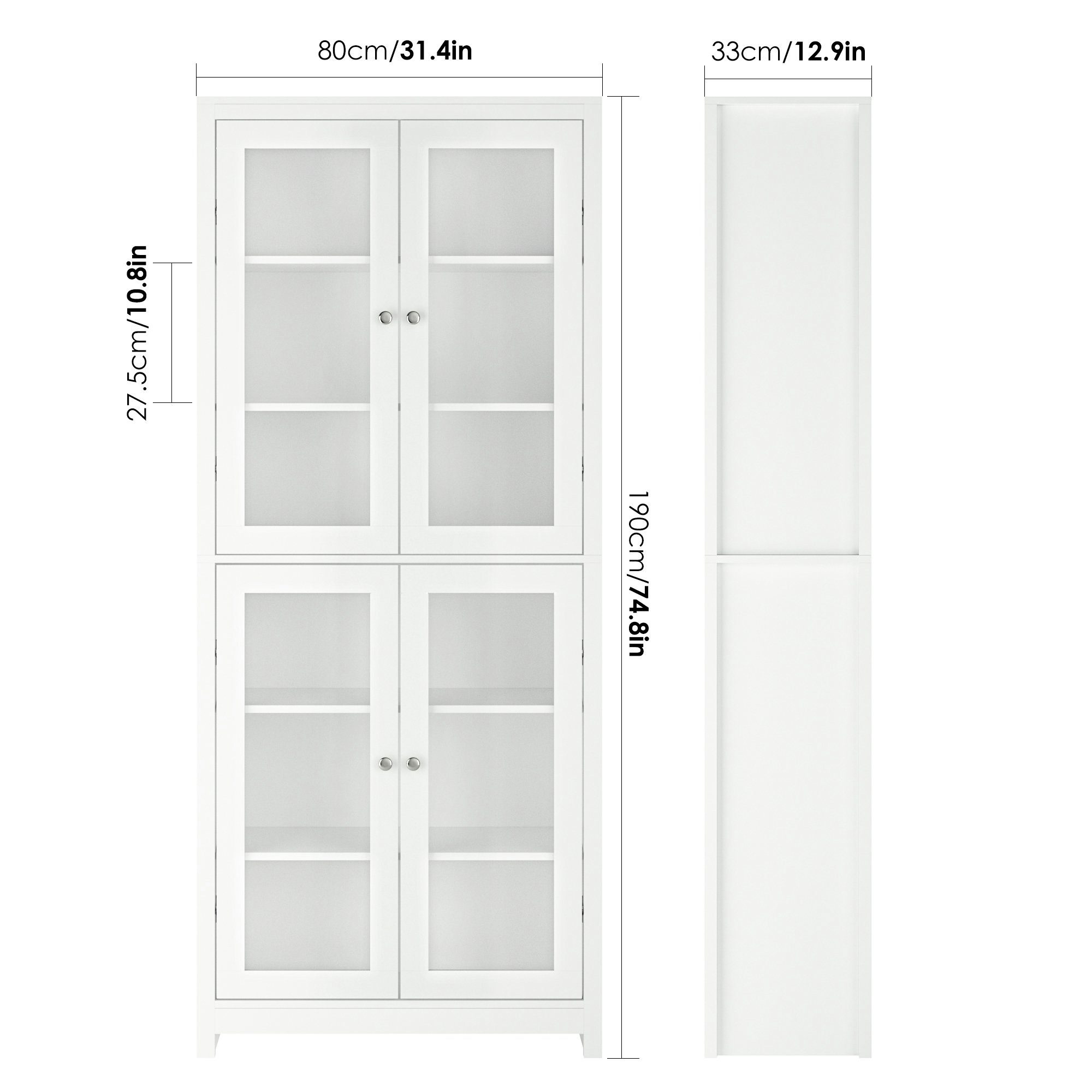 Homfa Hochschrank Vitrinenschrank, 190cm Türen, hoch Weiß Bücherschrank, mit