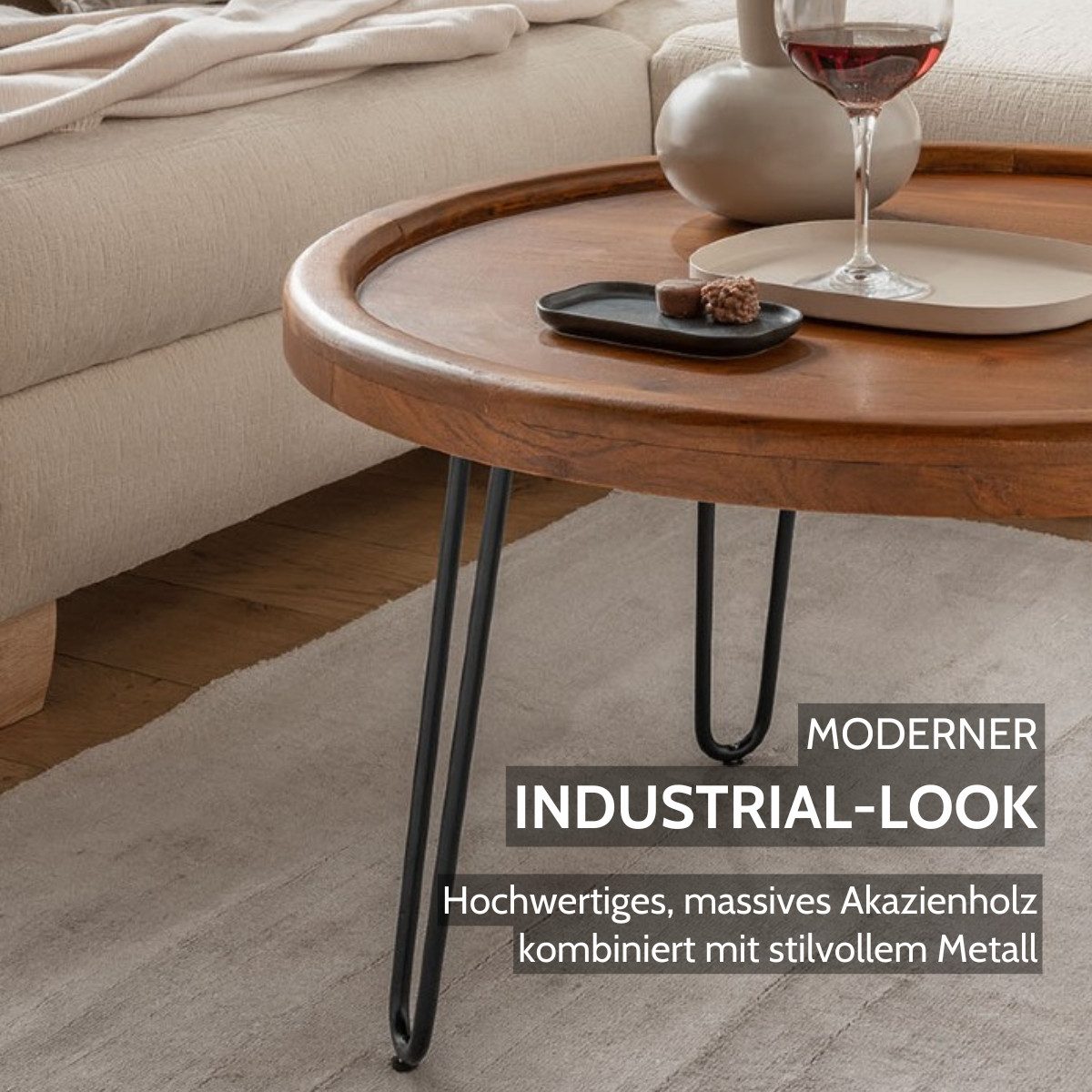 Liadomo Couchtisch Bettina, Beistelltisch, Wohnzimmertisch, Massivholztisch, Massivholz Akazie, Hairpin-Beine, mit Bodenausgleich, Ø 80 cm