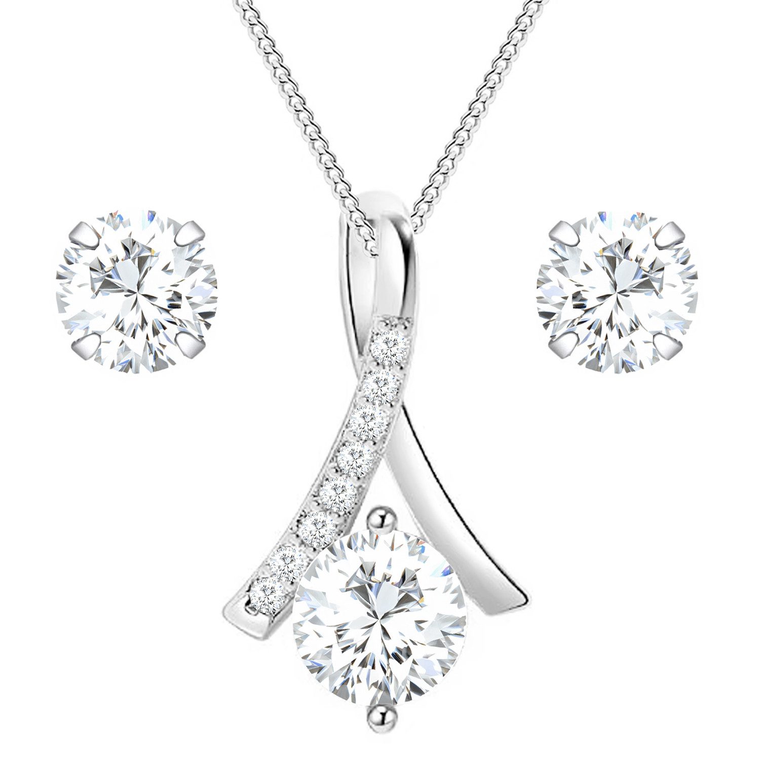 LÖB Ohrring und Ketten Set 925 Silber Tropfen Anhänger Zirkonia Stein Rund Ohrringe Halskette Set (Liebe Geschenke für Frauen Beste Freundin Mutter Mama Damen Ehefrau sie zum Geburtstag Valentinstag), Ohrstecker Kette Schmuckset Brautschmuck Braut Strass Glitzer Steine