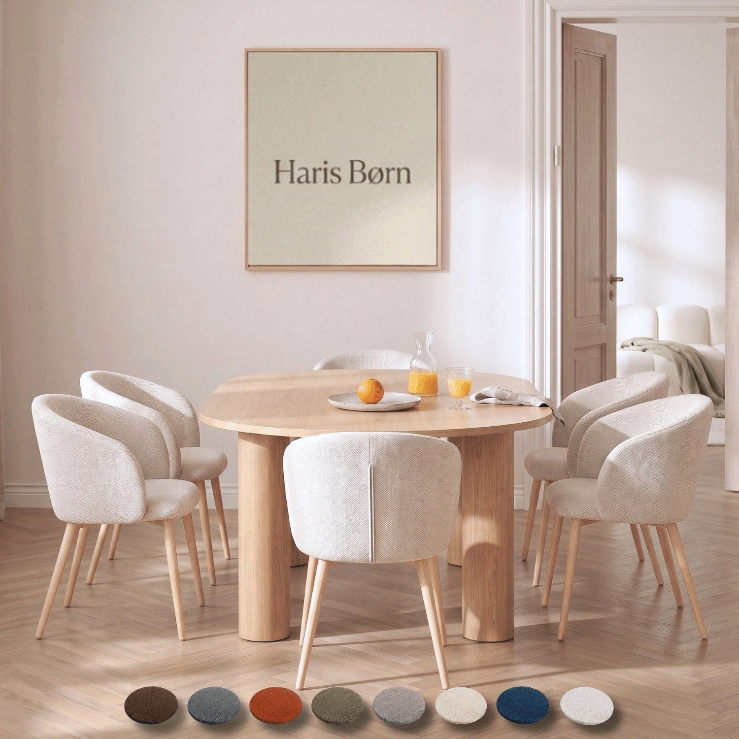Haris Børn Esszimmerstuhl mit Armlehnen NØR - Hochwertige Polsterstühle für Esszimmer (Set, 6 St), Beige/Holzbeine - Premium Esszimmer Stühle & Wohnzimmer Stühle