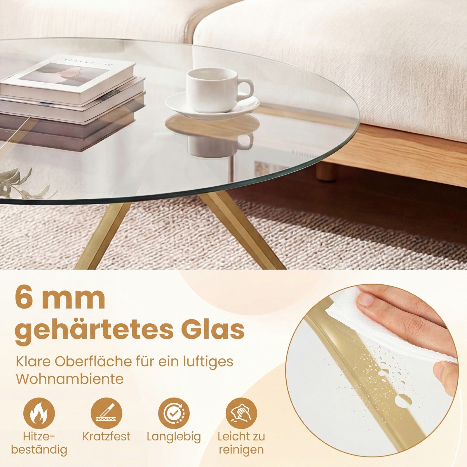 COSTWAY Couchtisch, rund Wohnzimmertisch aus gehärtetem Glas & Metallrahmen