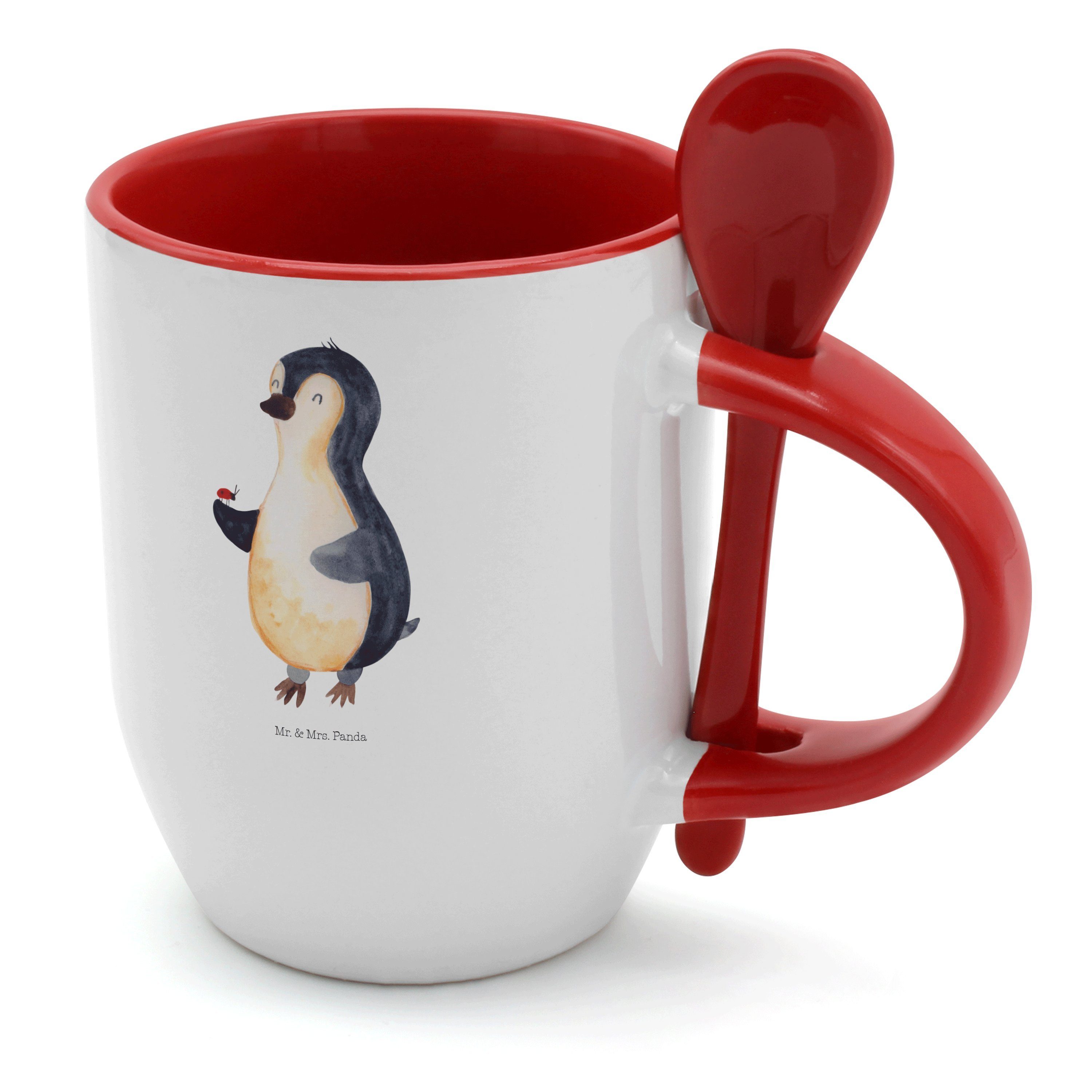 Marienkäfer Mr. Pinguin mit Tasse Spruch, & Panda Geschenk, - Mrs. Keramik Tasse Lebensfreude, - Weiß