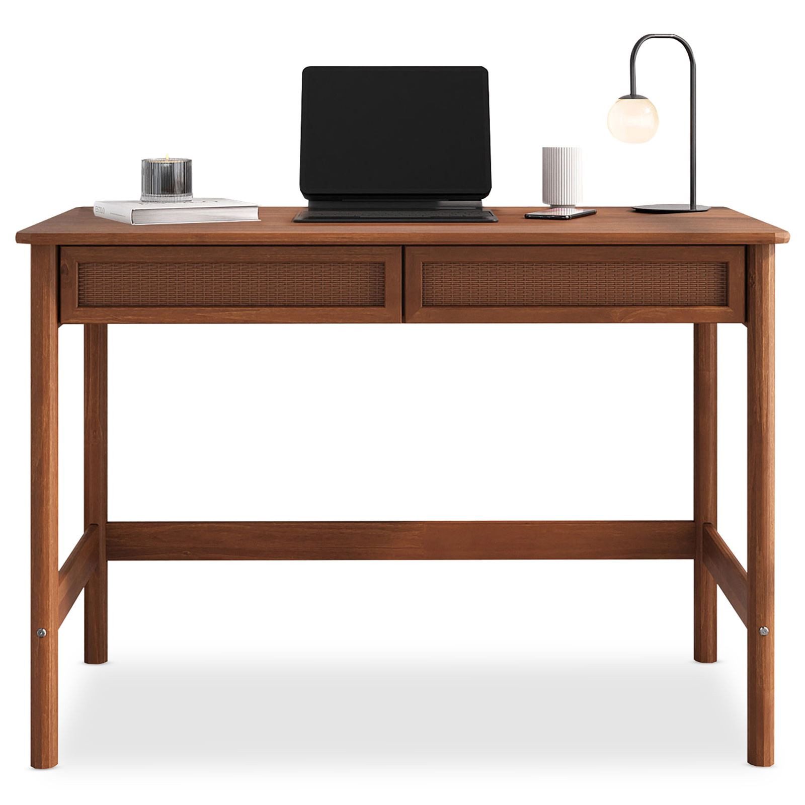 IDIMEX Schreibtisch RODRIGO, Tisch 110 cm breit aus Massivholz 2 Schubladen in Rattan Optik Kastani