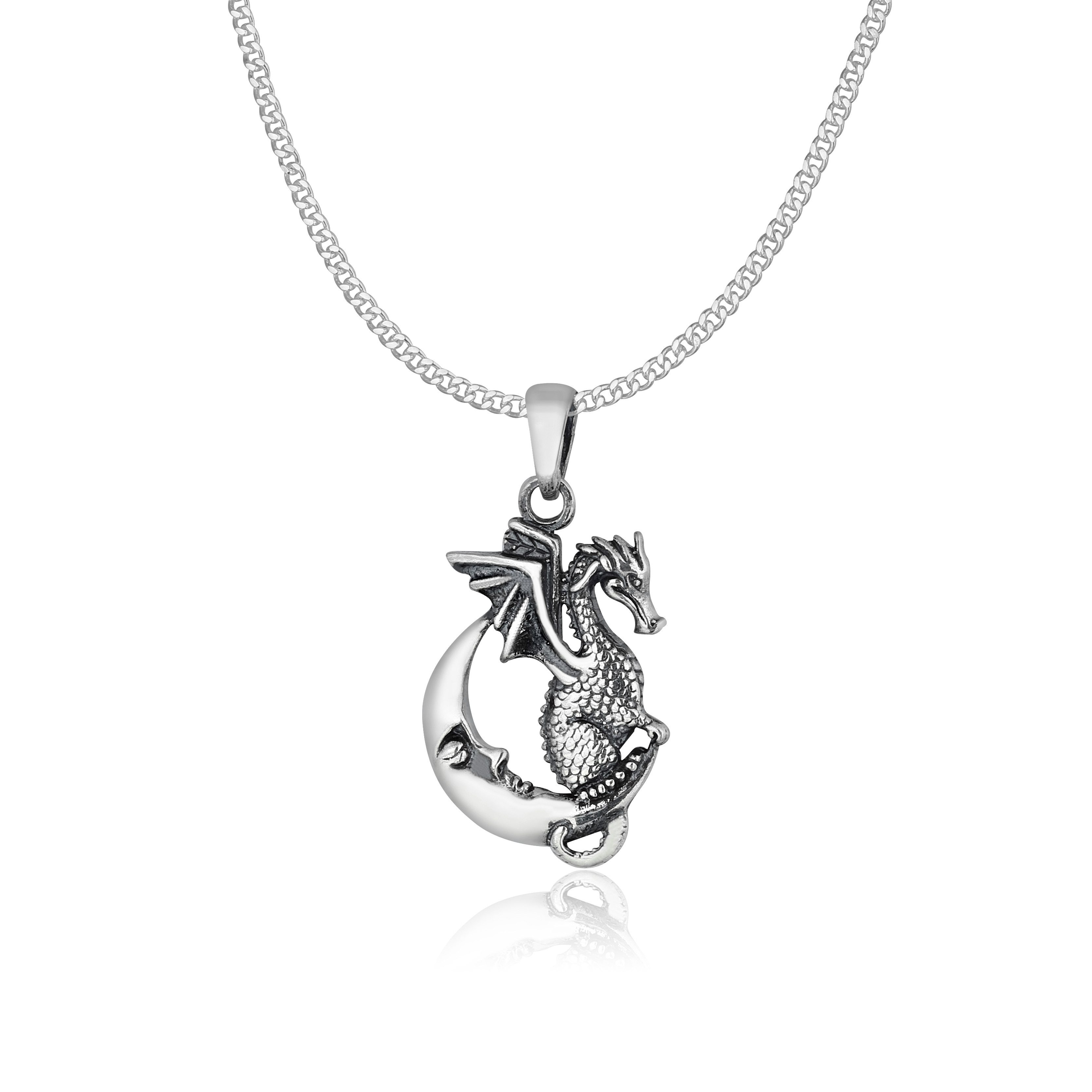 NAHLE Kette mit Anhänger Silber Drache Mond Panzerkette Halsschmuck Anhänger Geschenk (2-tlg., inkl. Schmuckbox), - rhodiniert anlaufgeschützt