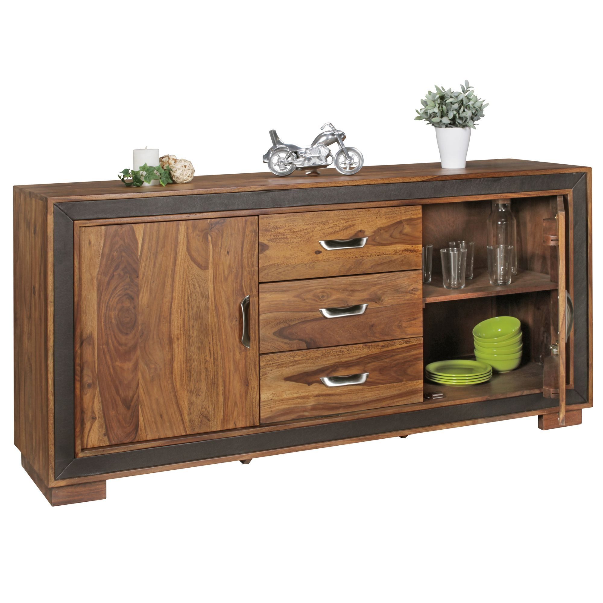 tinkaro Sideboard SIBYLLA Massivholz, Walnuss finish mit Kunstleder Kommode Braun