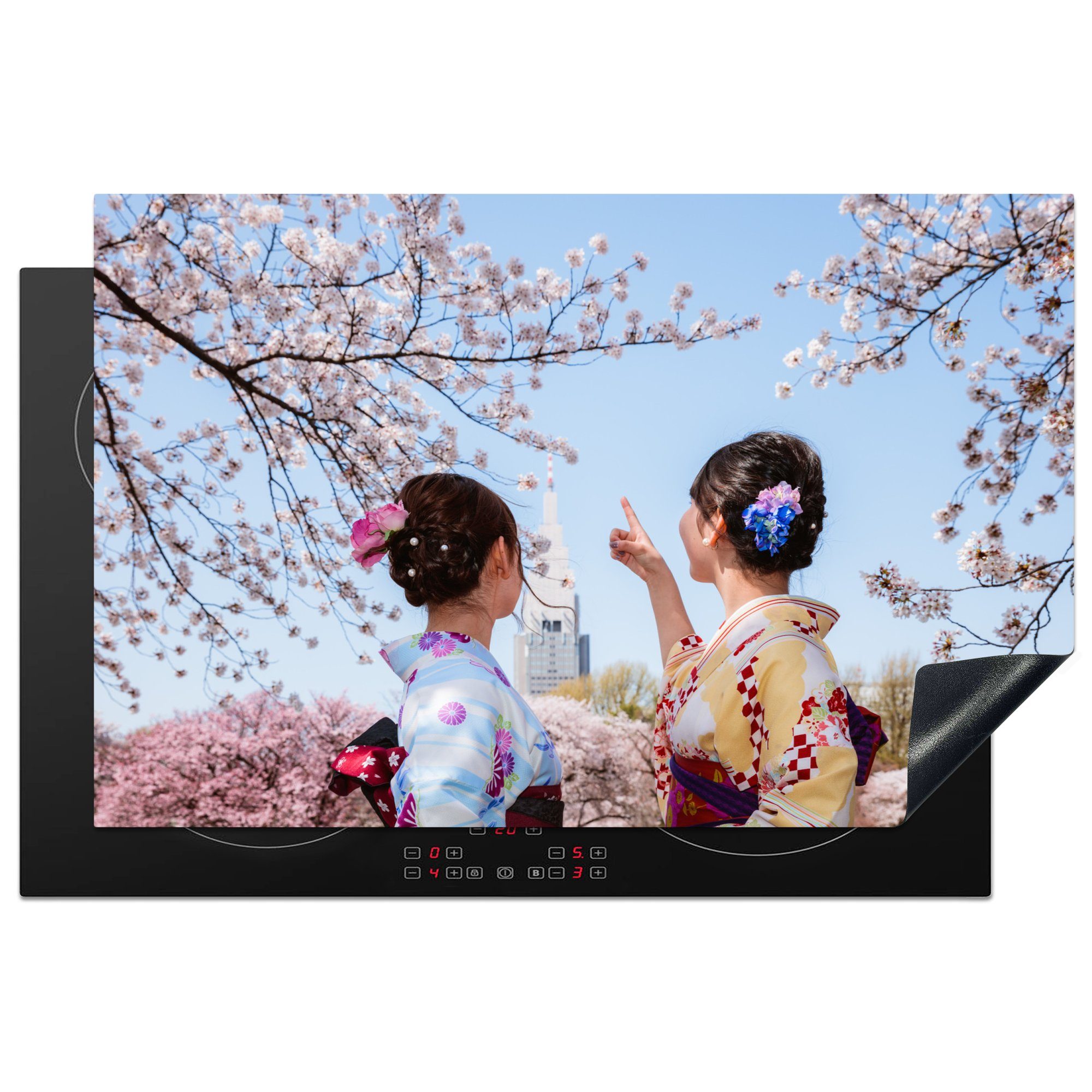 MuchoWow Herdblende-/Abdeckplatte Japanische Frauen während der Kirschblütenzeit, Vinyl, (1 tlg), 81x52 cm, Induktionskochfeld Schutz für die küche, Ceranfeldabdeckung