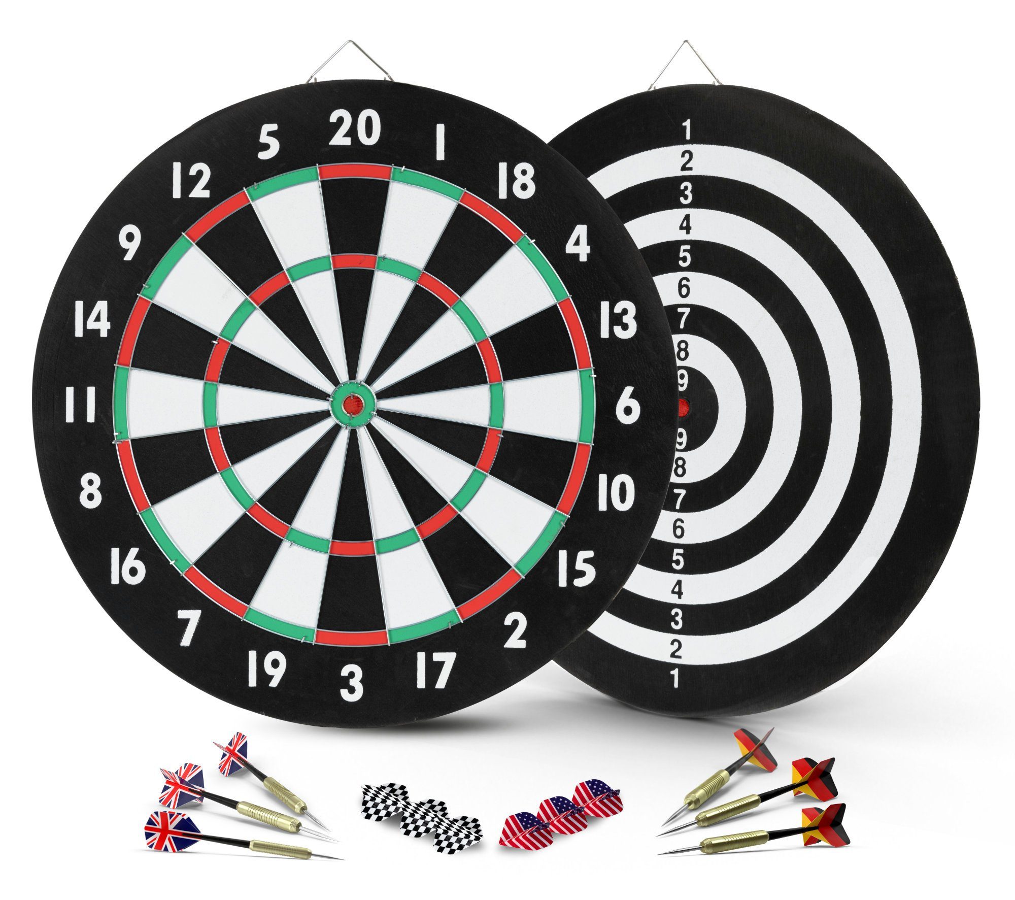 Stagecaptain Dartscheibe DBP-1810 BullsEye Papier-Dartscheibe, (Dartboard-Set, 18-tlg., inkl. 6 Dartpfeilen und 12 Flights), Steeldartscheibe aus Paper, zweiseitig bespielbar