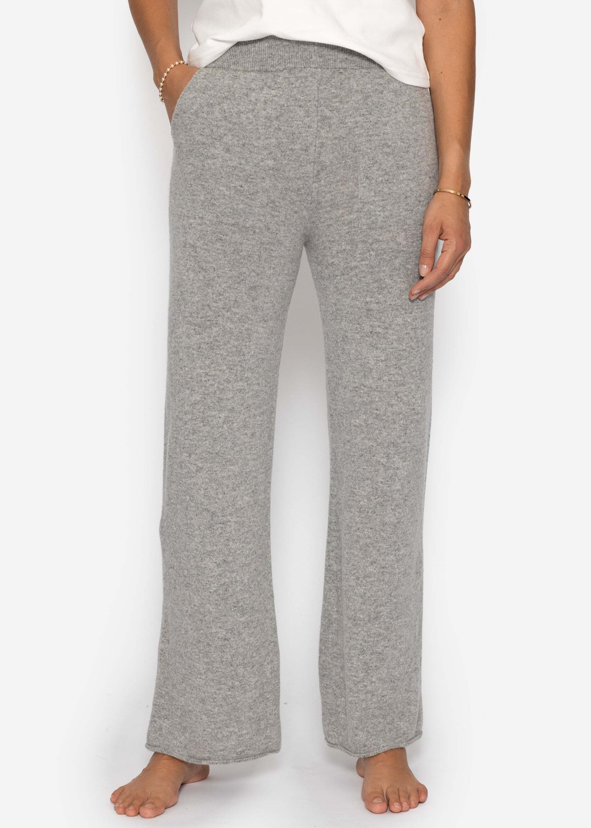 SASSYCLASSY Stoffhose Strickhose mit Kaschmiranteil für Damen Weiche Hose mit elastischem Bund und seitlichen Taschen Grau Taupe