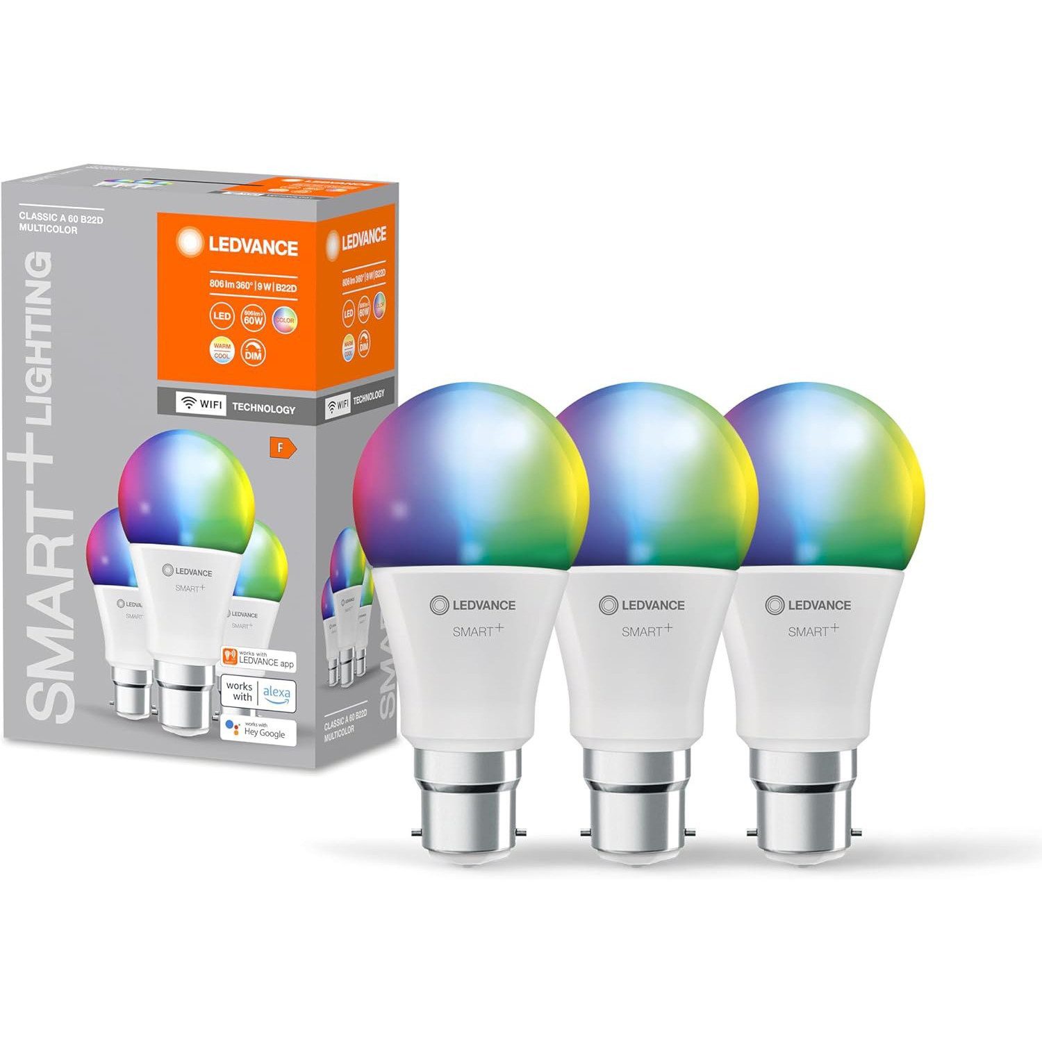 Ledvance LED-Leuchtmittel Smart WiFi B22D Lampe 2700-6500K, Mehrfarbig, RGB Leuchtmittel 60W Dimmbar [3ER]
