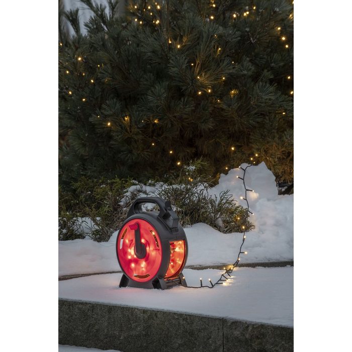 KONSTSMIDE LED-Lichterkette Weihnachtsdeko aussen 600-flammig Micro LEDs mit Kabelaufroller schwarz-rot 600 warm weiße Dioden