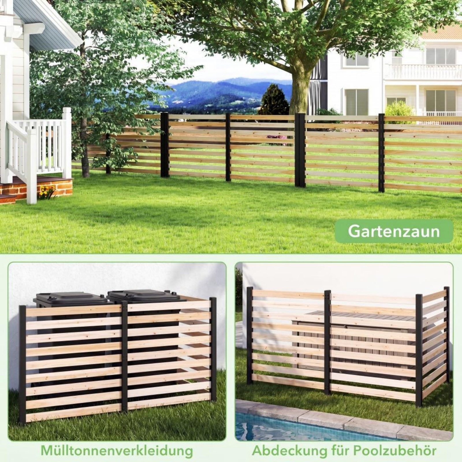 COSTWAY Gartenzaun, Sichtschutzzaun aus Holz, Lamellenzaun mit 4 Pfählen