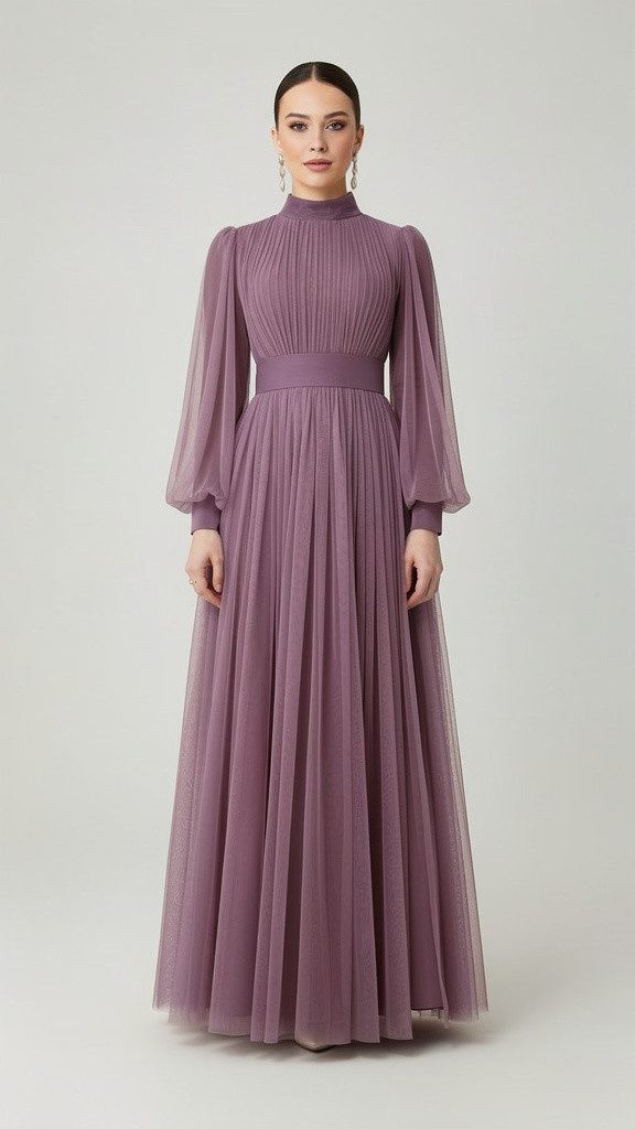 fashionshowcase Tüllkleid Damen Abendkleid Maxilänge Abaya-Stil - Modest Mode vollständig blickdicht & bedeckt