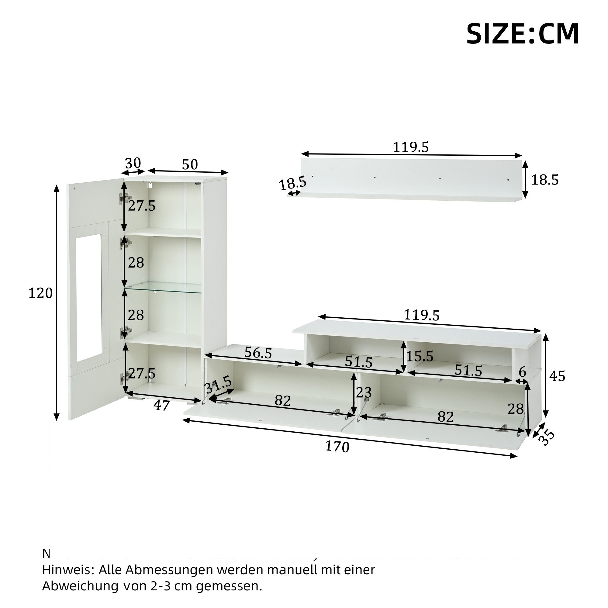 KLAM HOME Wohnwand 3-Teilige Wohnwand Set Mit LED Beleuchtung Und Hochglanz Front, (TV Schrank Vitrine Und Hängeregal Weiß Für TV Bis 75 Zoll), Modernes Wohnzim – Bild 3 von 5