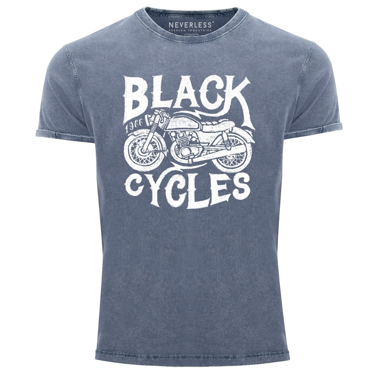 T-Shirt Herren Biker Slim Washed Print-Shirt Motorrad Print Retro blau mit Vintage Neverless® Neverless Fit