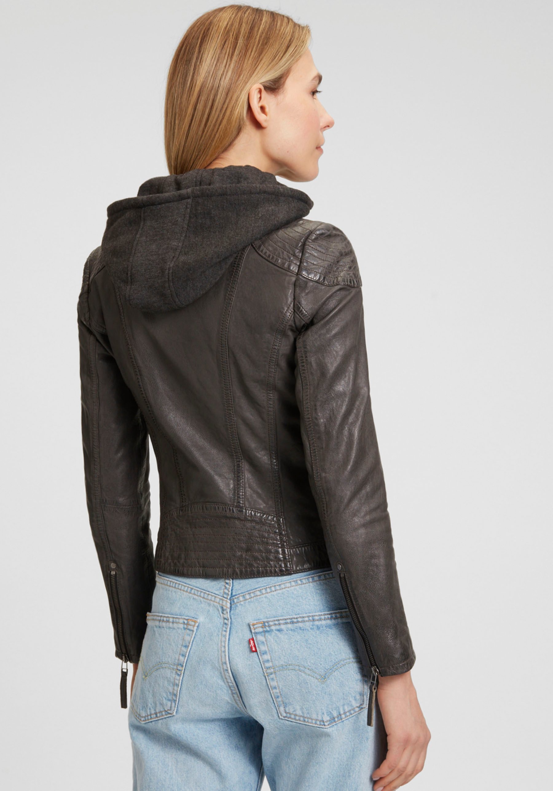 Mauritius Lederjacke Cacey LEGV mti Kapuze, Reißverschluss, Ziersteppung günstig online kaufen