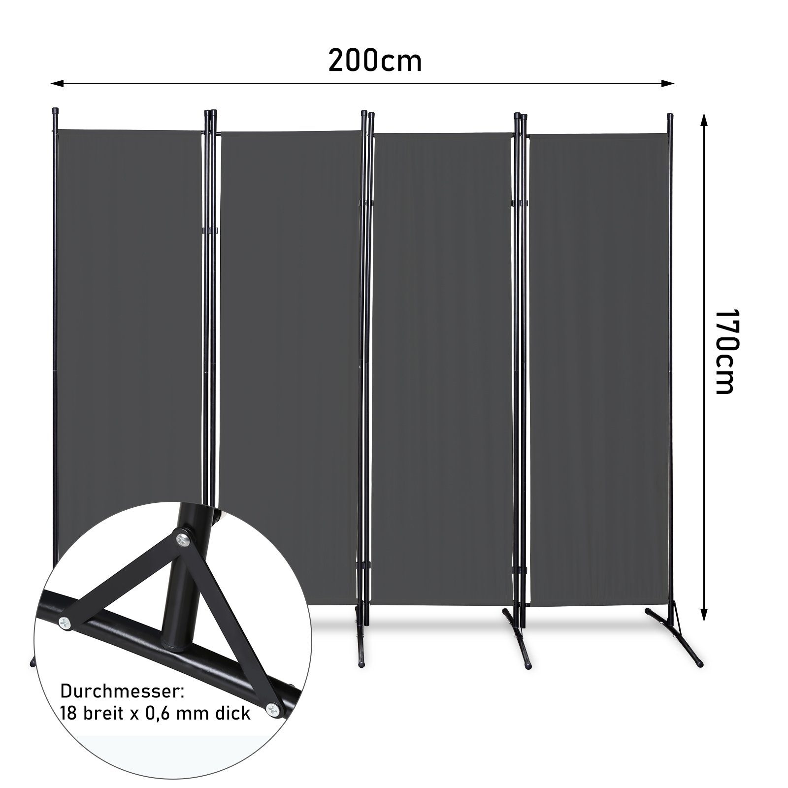 TolleTour Paravent Trennwand 200 Klappbar Raumteiler Sichtschutz Outdoor x 170 cm Anthrazit