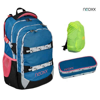 neoxx Schulranzen Active (Set, 3-tlg. inkl. Schamper Box und Regenschutz-Hülle), Mädchen Rucksack Set "Splash" - Schultasche 5. bis 12. Klasse