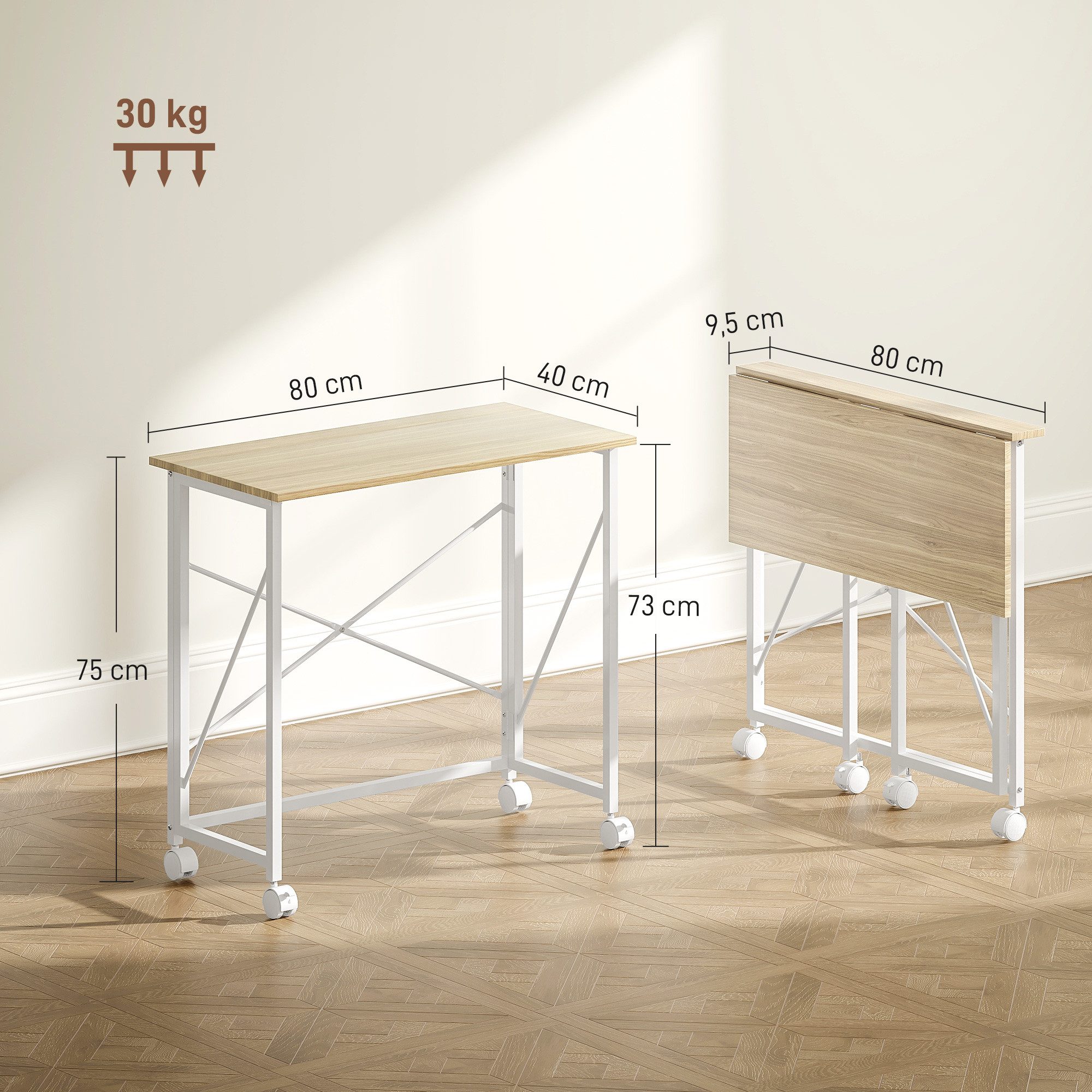 HOMCOM Schreibtisch Computertisch mit Rollen, platzsparender Klapptisch (Klapptisch, 1-St., Klappschreibtisch), Computertisch für Home Office, Weiß