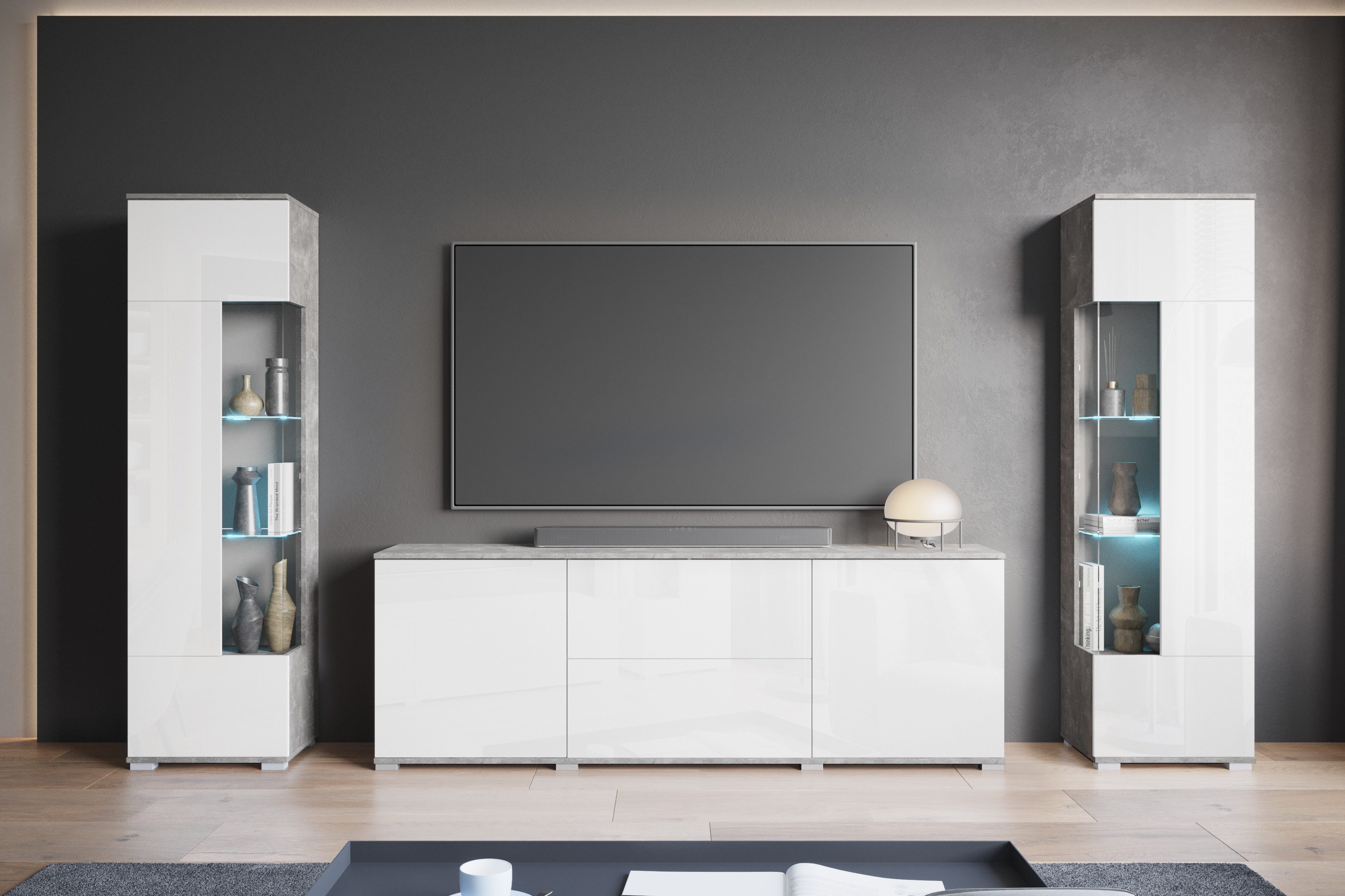 INOSIGN Wohnwand KENIA, (Komplett-Set, 3-St), Vitrinen mit Eckverglasung, hängend und stehend montierbar
