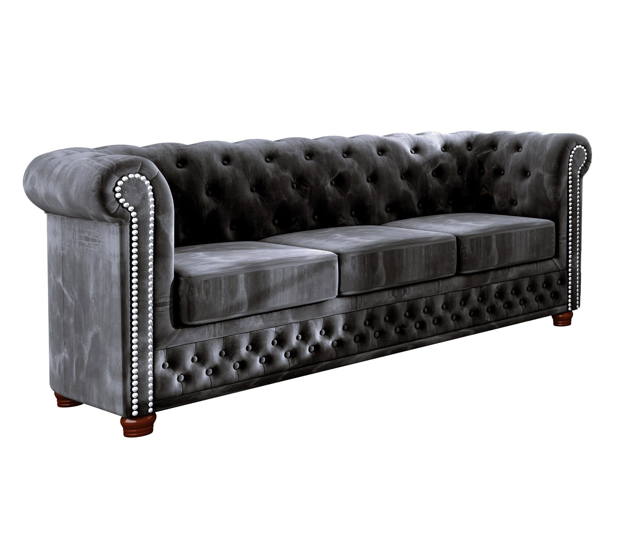 S-Style Möbel Chesterfield-Sofa Leeds 3-Sitzer aus Samt-Stoff mit Holzfüßen, mit Wellenfederung