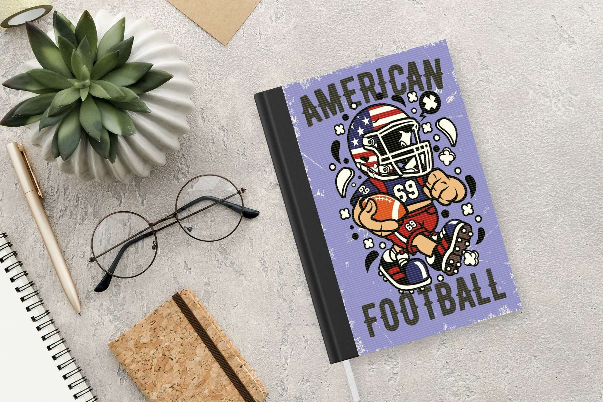 98 A5, Merkzettel, Notizheft, Football Haushaltsbuch American Vintage, MuchoWow Tagebuch, Journal, Seiten, - - Lila Notizbuch