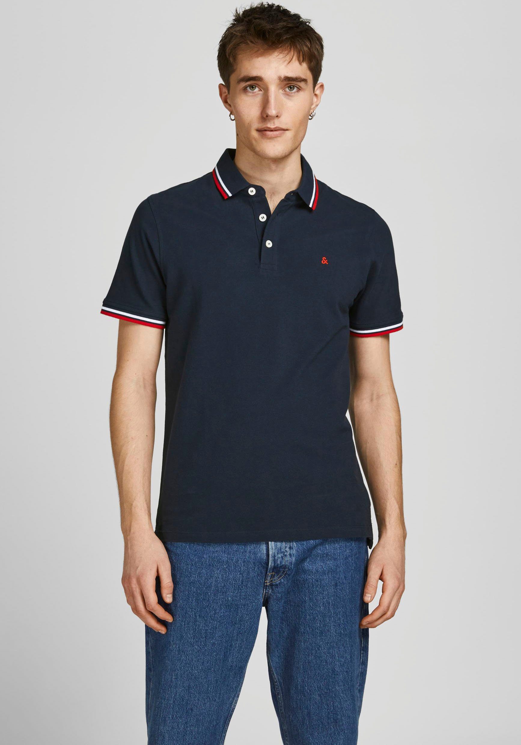 Jack & Jones Poloshirt JJEPAULOS im Doppelpack mit Logostickerei und Komfort (Packung, 2-tlg., 2er-Pack) unifarben mit Farbeinsatz, modisch, schmal, Baumwolle, Polokragen