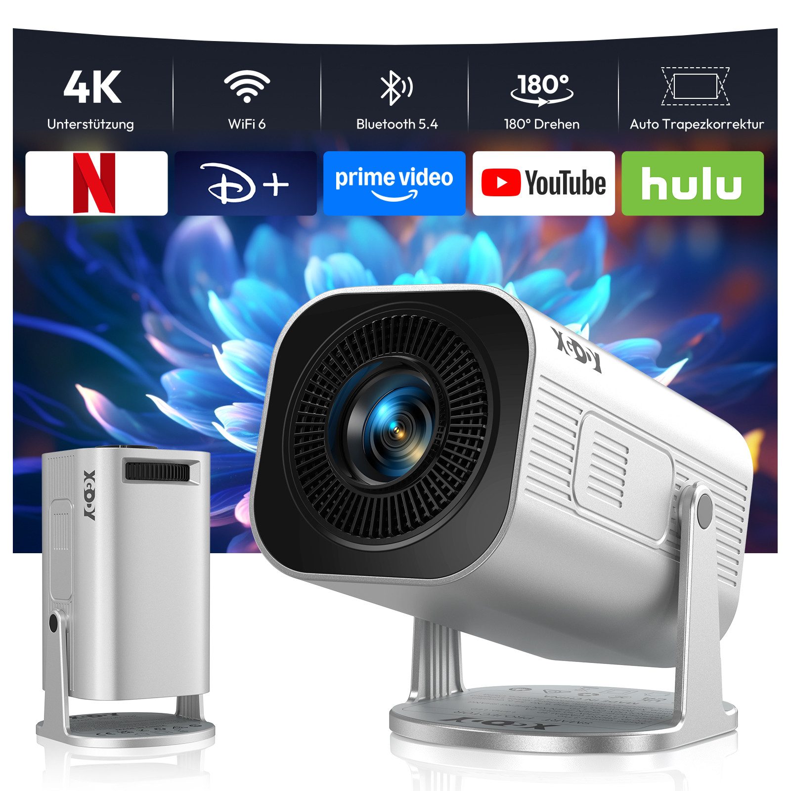 XGODY Smart Projektor 4K/1080P Unterstützt Neueste Apps WiFi 6 BT5.4 LCD-Beamer (260 lm, 3840 x 2160 px, Ultrakurzdistanzbeamer bietet großes Bild im kleinen Raum)