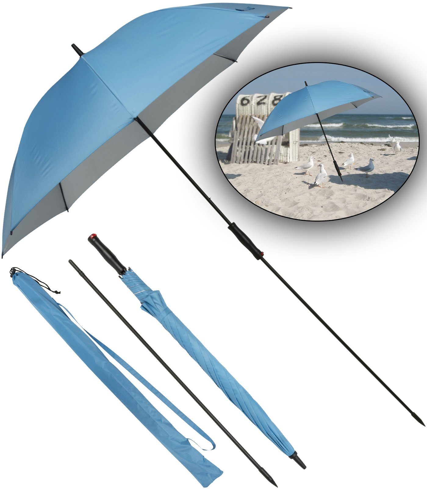 derby Langregenschirm XXL Golfschirm mit UV-Schutz, uni innen silber, für Strand und Camping für Familien und Paare blau