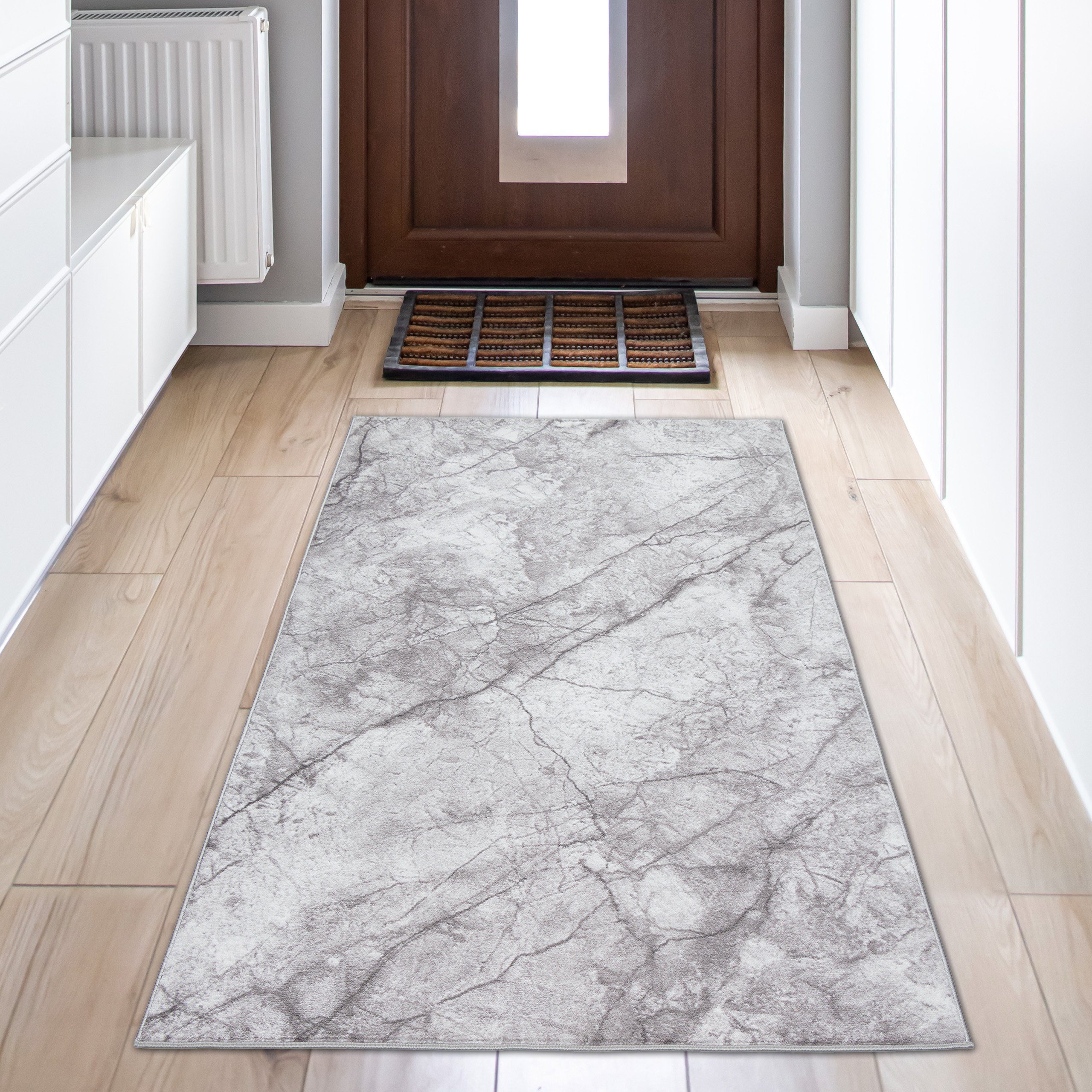 Teppich Faszinierender marmorierter Kurzflor Teppich in Elegantem Grau, Teppich-Traum, rechteckig, Je nach Licht etwas heller-dunkler, Rückseite: „dot–backing“ antirutsch