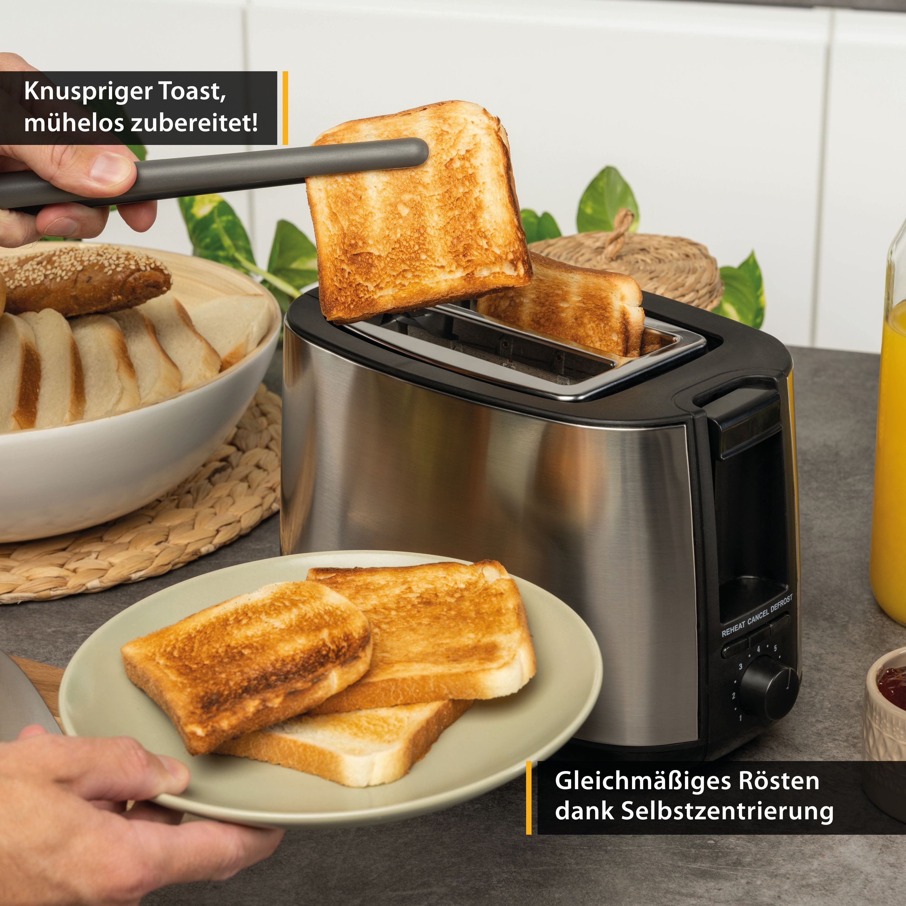 TZS FIRST AUSTRIA Toaster 2 Scheiben, Selbstzentrierfunktion, 7 Bräunungsstufen, 650-750W, für, 750 W, Auftau- und Aufwärmfunktion, Brötchenwärmer, Schwarz/Edelstahl