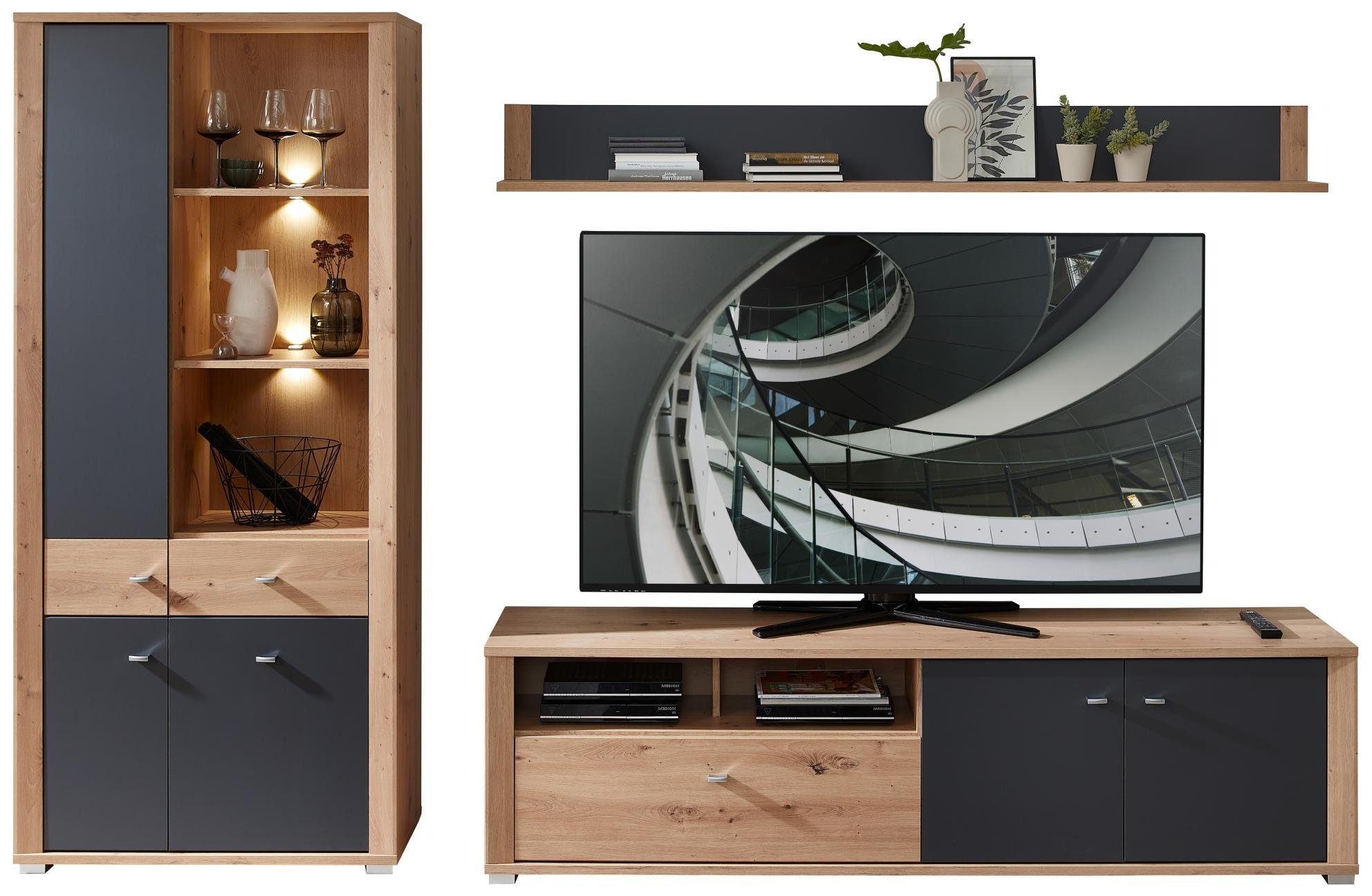 Innostyle Wohnwand Wohnwand Wohnzimmerschrank PABLO Artisan Eiche und Graphit 3-teilig, (Komplett-Set, 4-St., Stauraumelement, TV Lowboard, Wandboard)