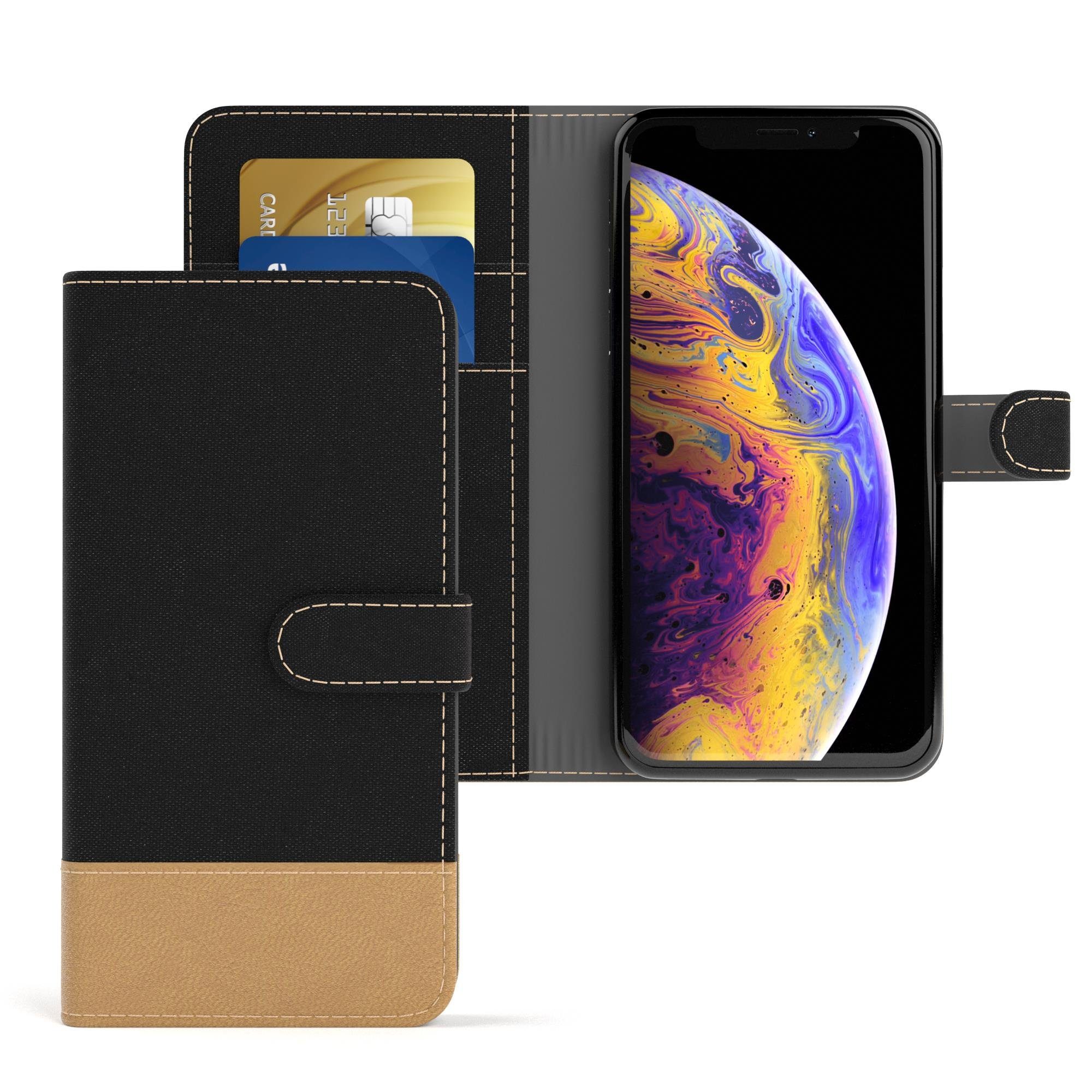 EAZY CASE Handyhülle Bookstyle Jeans für Apple iPhone X / iPhone XS 5,8 Zoll, Handytasche Jeans mit Standfunktion und Visitenkartenfach Schwarz