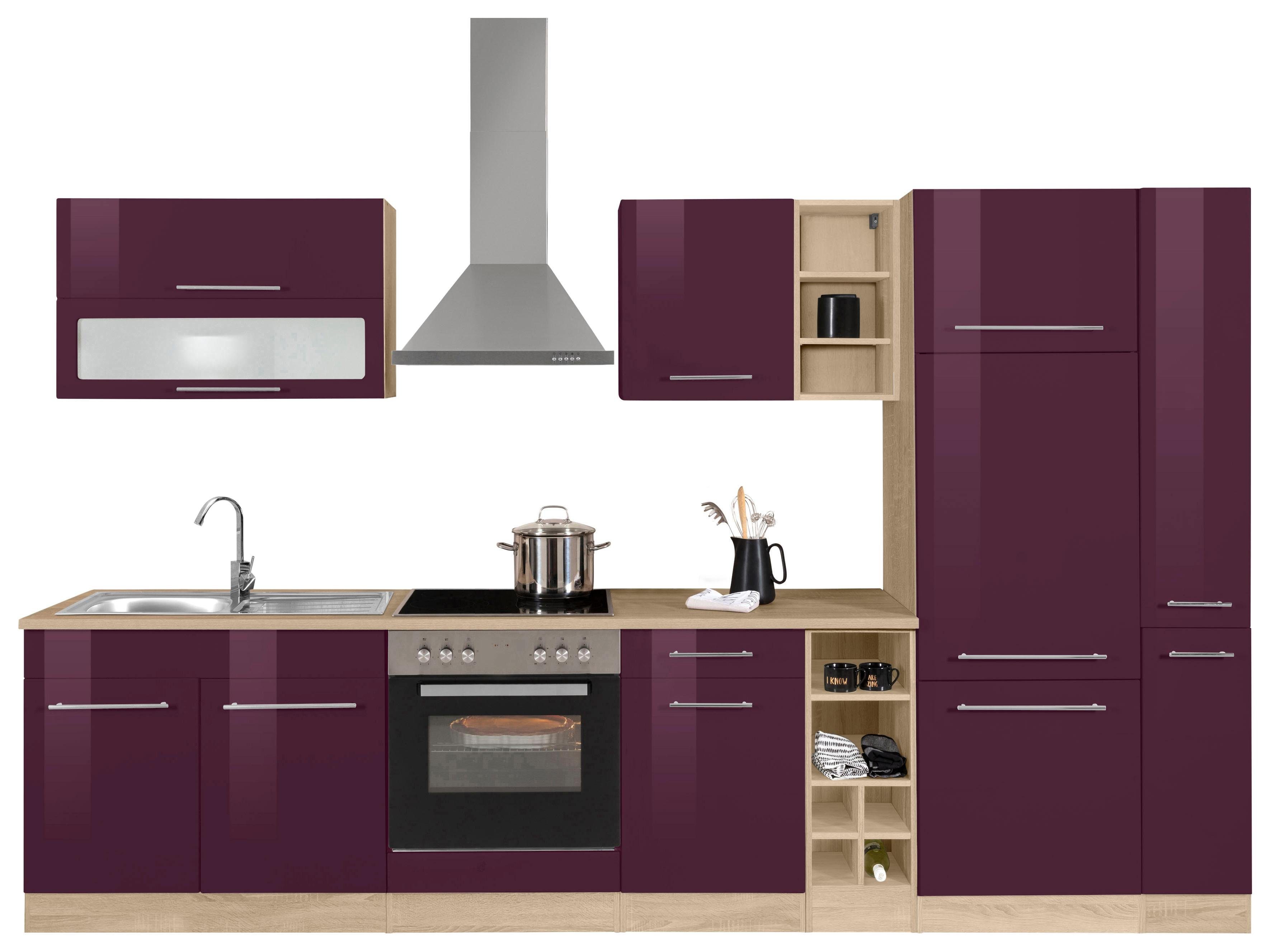 Front: aubergine Hochglanz | Korpus: eichefarben