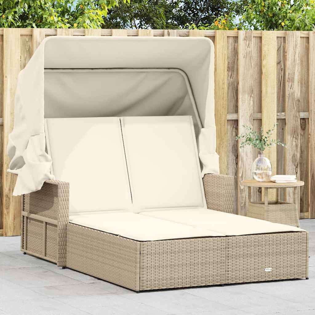 vidaXL Gartenliege Doppel-Sonnenliege mit Dach und Auflagen Beige Poly Rattan, 1 St.
