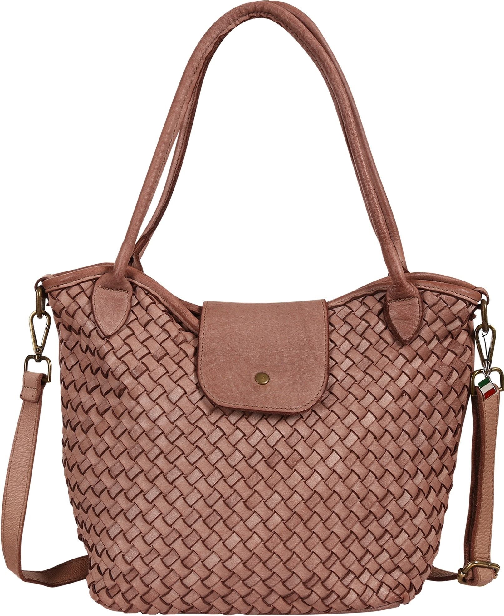 FLORENCE Schultertasche Florence Damen Schultertasche geflochtene (Schultertasche), Damen Schultertasche Leder, altrosa ca. 38cm