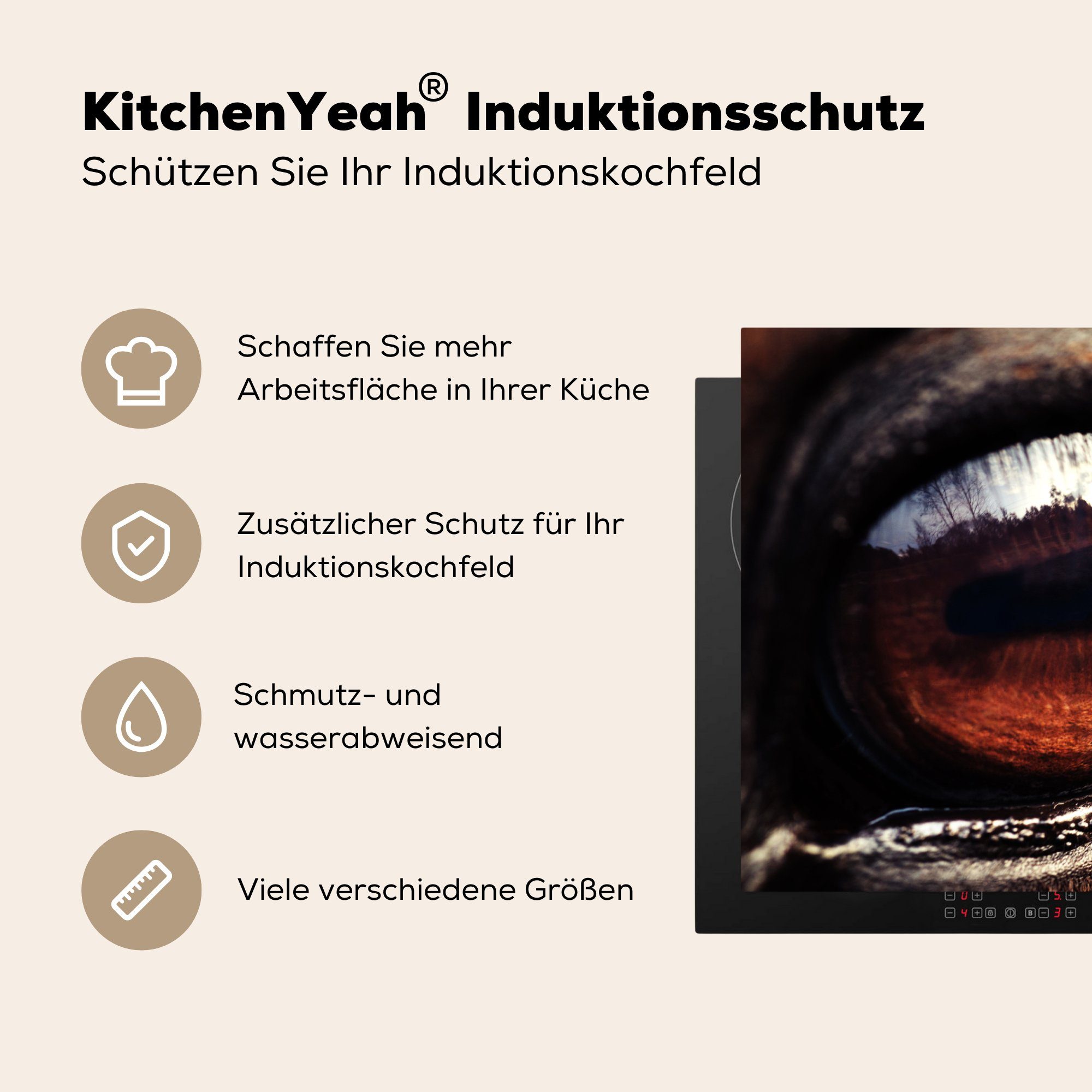 MuchoWow Herdblende-/Abdeckplatte Auge 81x52 Braun, (1 Schutz Induktionskochfeld Vinyl, küche, cm, tlg), die Ceranfeldabdeckung - Pferd - für