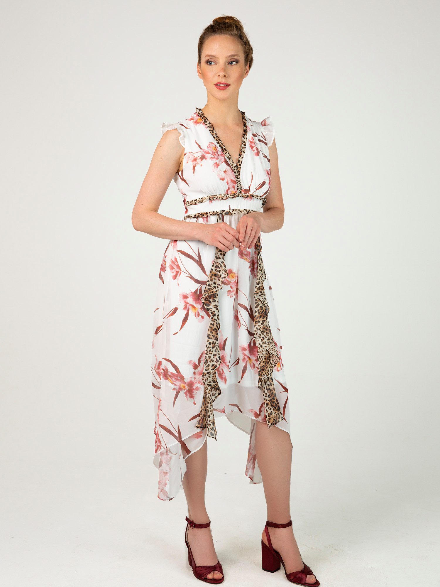 Passioni Druckkleid im eleganten Mustermix Volantoptik