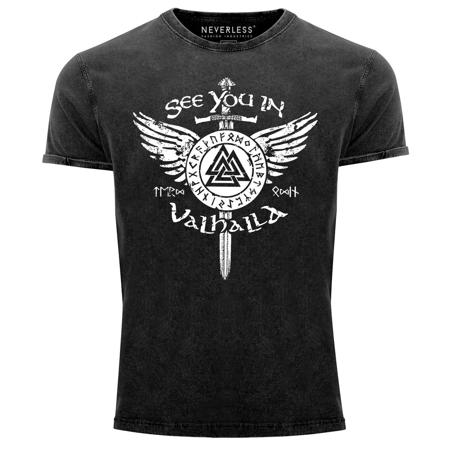 Neverless Print-Shirt Herren Vintage Vikings schwarz Schwert Printshirt Odin mit Valhalla Shirt Neverless® T-Shirt in Runen you Aufdruck See Print