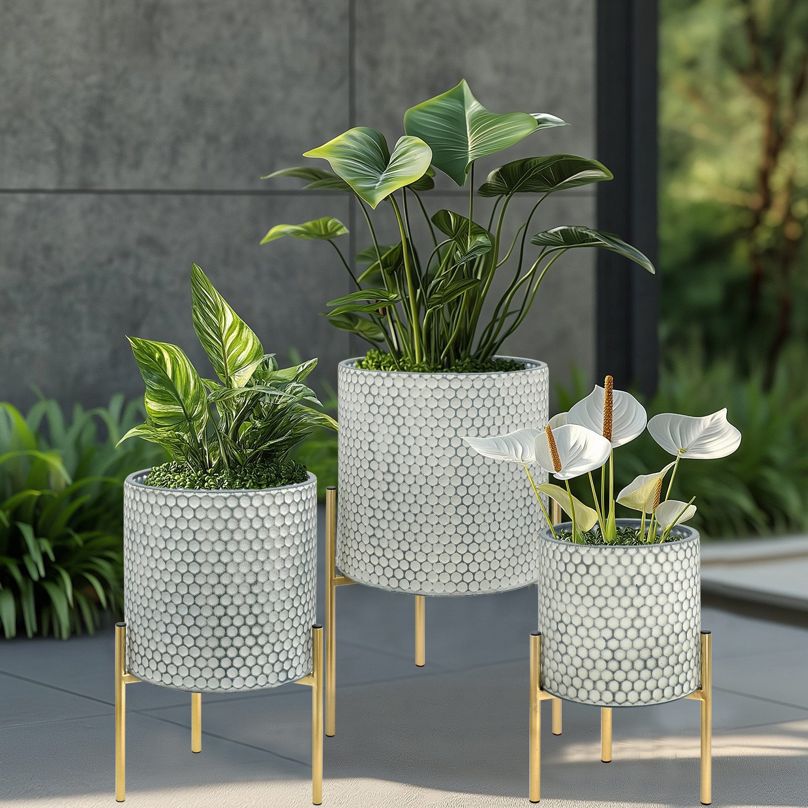 G-LEAF Blumentopf Moderne Pflanzgefäße aus Metall mit einzigartigem Rautenmuster (3 St), mit stabilem Goldständer, einfach zu montieren, weiß