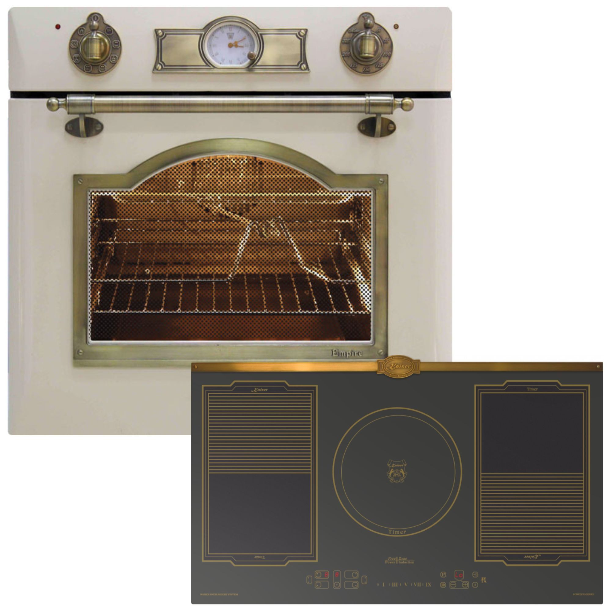 Kaiser Küchengeräte Backofen-Set Empire Design Retro Backofen mit Heißluftsystem, Infrarotgrill und elektrischem Drehspieß EH 6355 ElfEm+KCT 9196 IEm, Katalytische Selbstreinigung, FREE ZONE FlexInduktion 90 cm Kochfeld mit Power Booster
