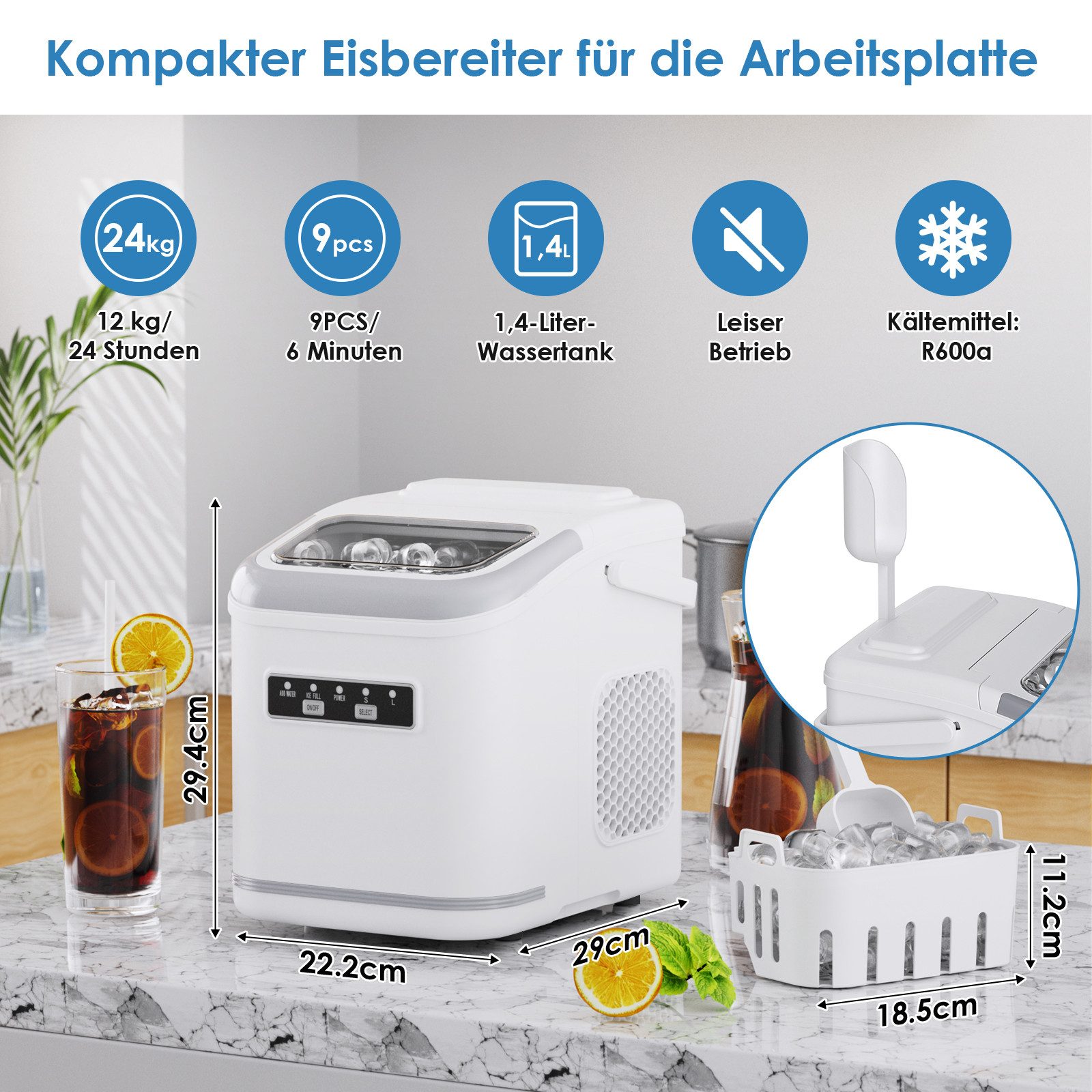 TLGREEN Eiswürfelmaschine Eiswürfelbereiter,9 Eiswürfel in 6 Minuten, 12kg/24h,2 Eiswürfel-Größen, Stummschalten, Selbstreinigung
