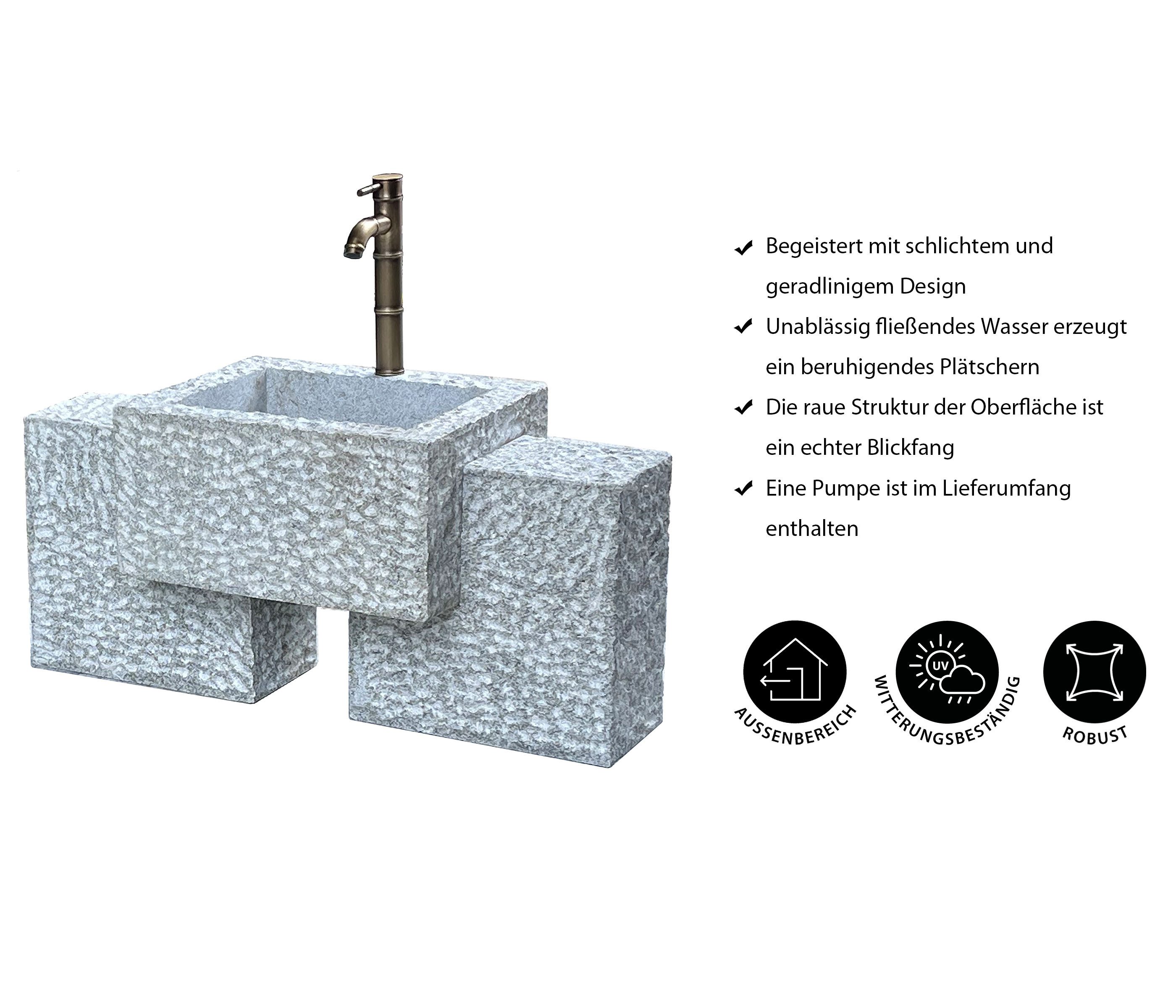 Dehner Gartenbrunnen Gmunden, ca. 95 x 75 x 45 cm, Granit, grau, 95 cm Breite, schlichter Outdoor-Brunnen inkl. Pumpe