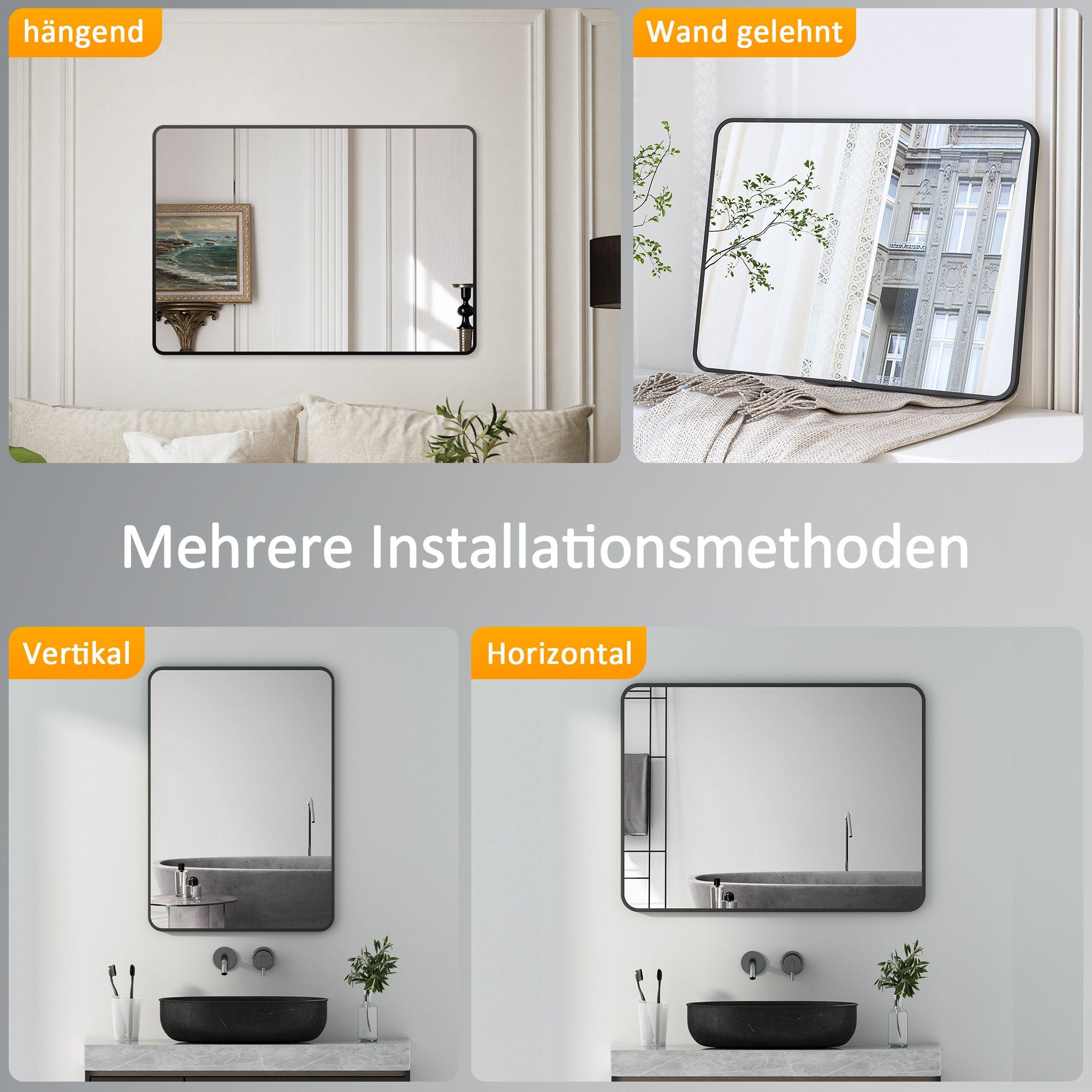 Boromal Spiegel Wandspiegel Rechteckig 50x70 60x80 Schwarz / Gold Metallrahmen Rattan (Badezimmerspiegel Dekospiegel Badspiegel, 40x60, 120x70, 100x60, 100x70,  – Bild 5 von 5